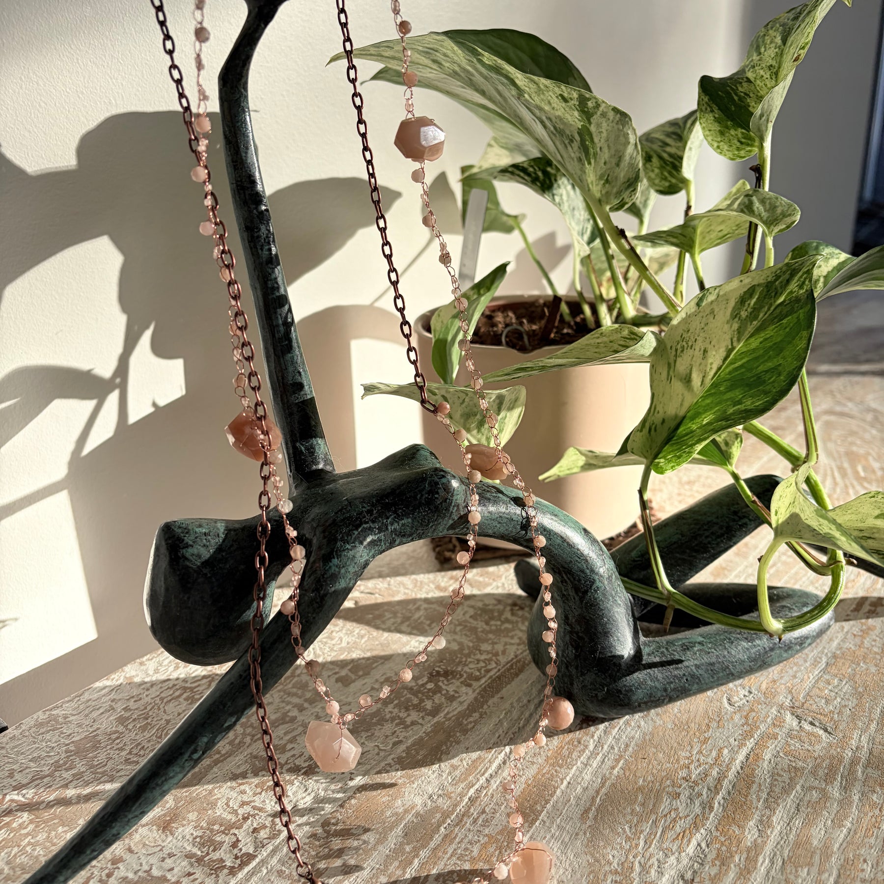 Moon Twist-peach moonstone and copper crochet necklace