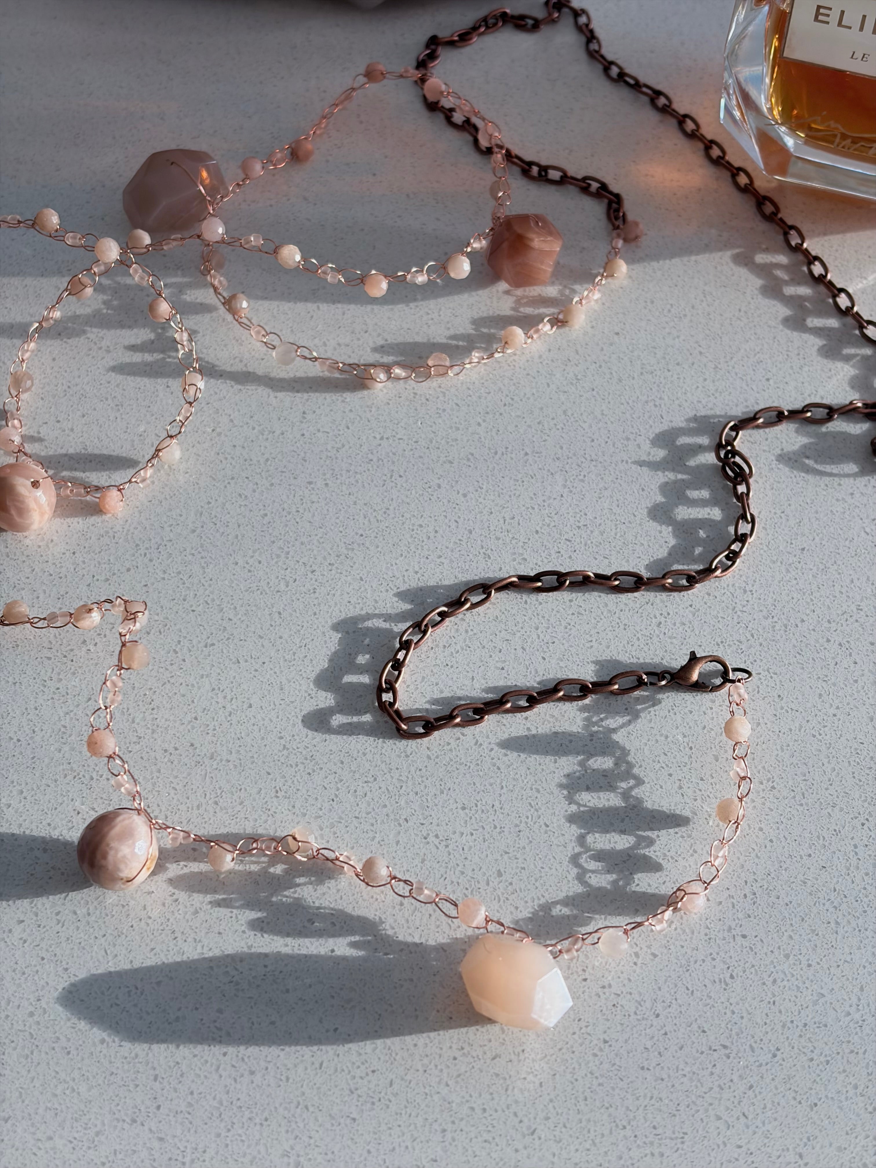 Moon Twist-peach moonstone and copper crochet necklace