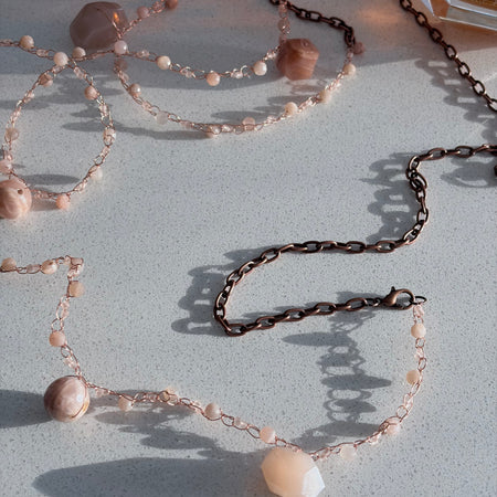 Moon Twist-peach moonstone and copper crochet necklace