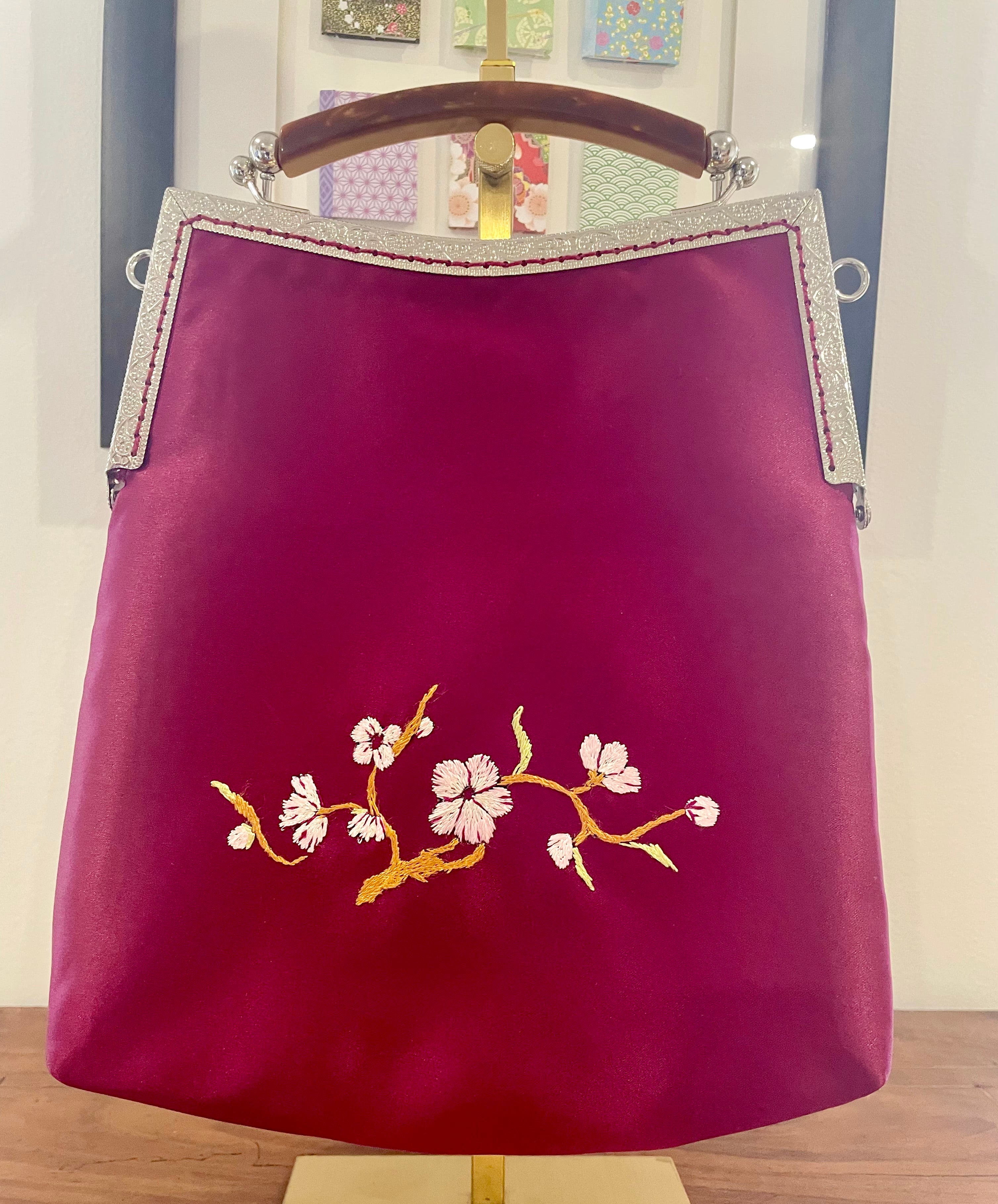 Handmade Plum Satin Handbag, Cherry Blossom Embroidery