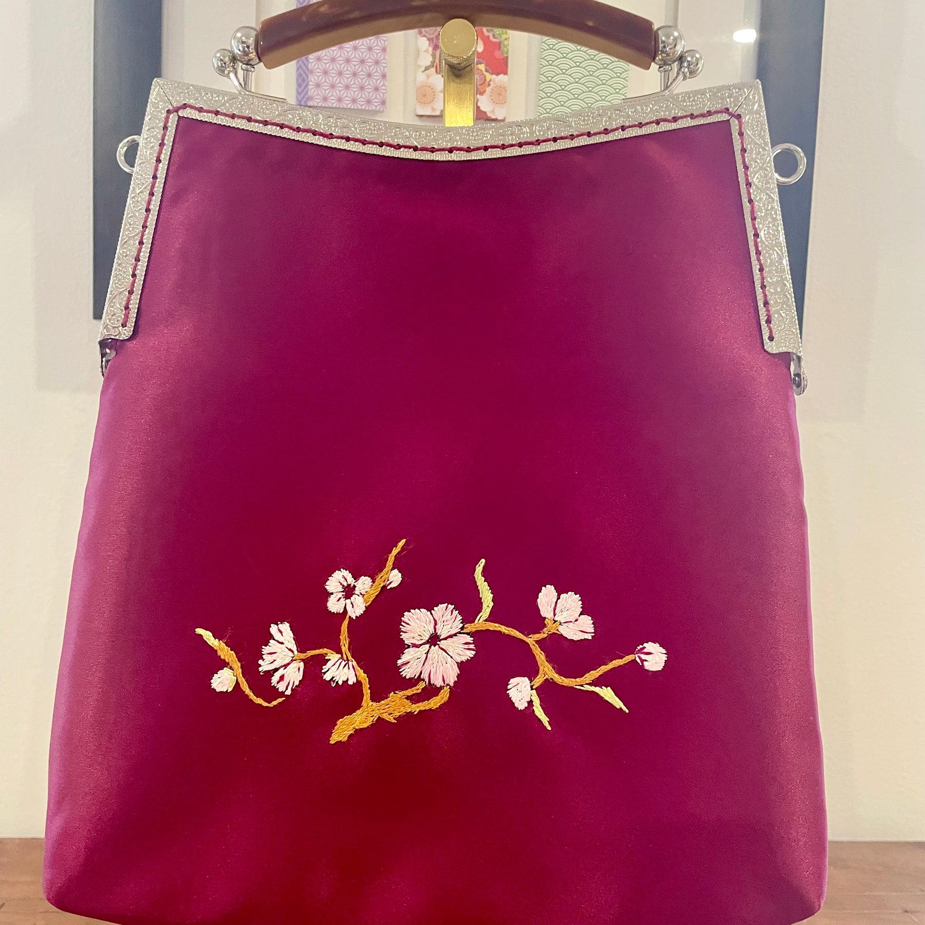 Handmade Plum Satin Handbag, Cherry Blossom Embroidery