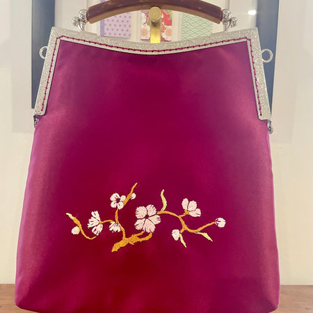 Handmade Plum Satin Handbag, Cherry Blossom Embroidery