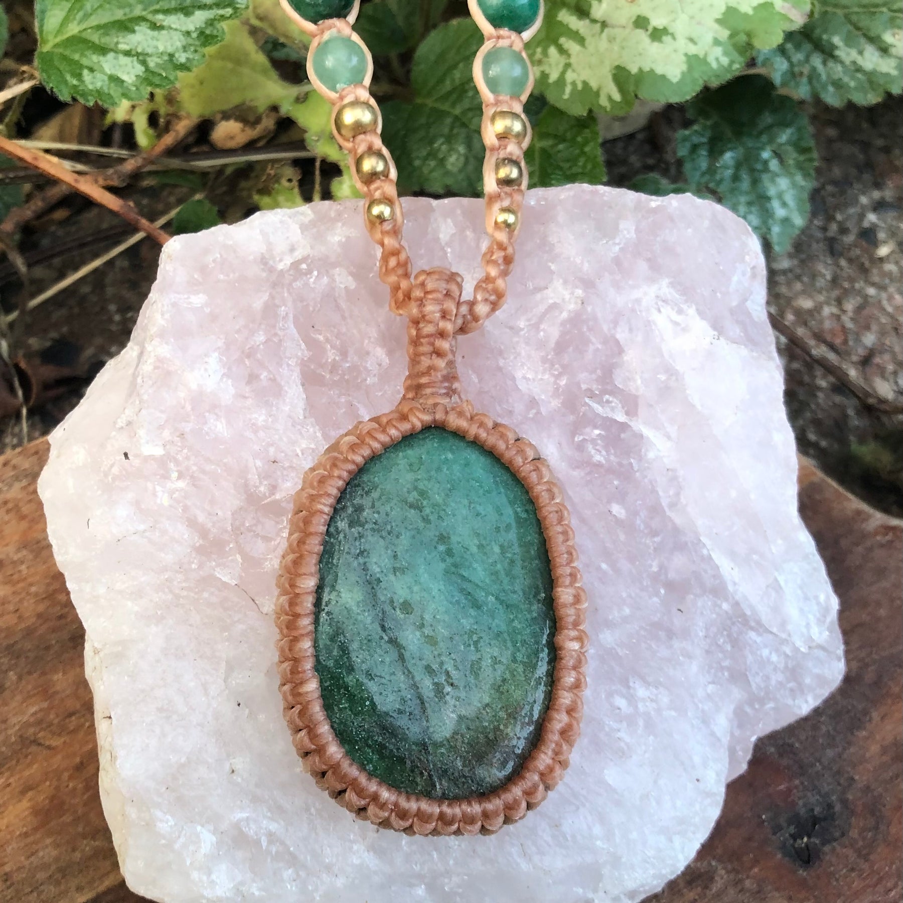Green Fuschite Pendant Necklace: Beaded Macrame, Adjustable Boho Gift