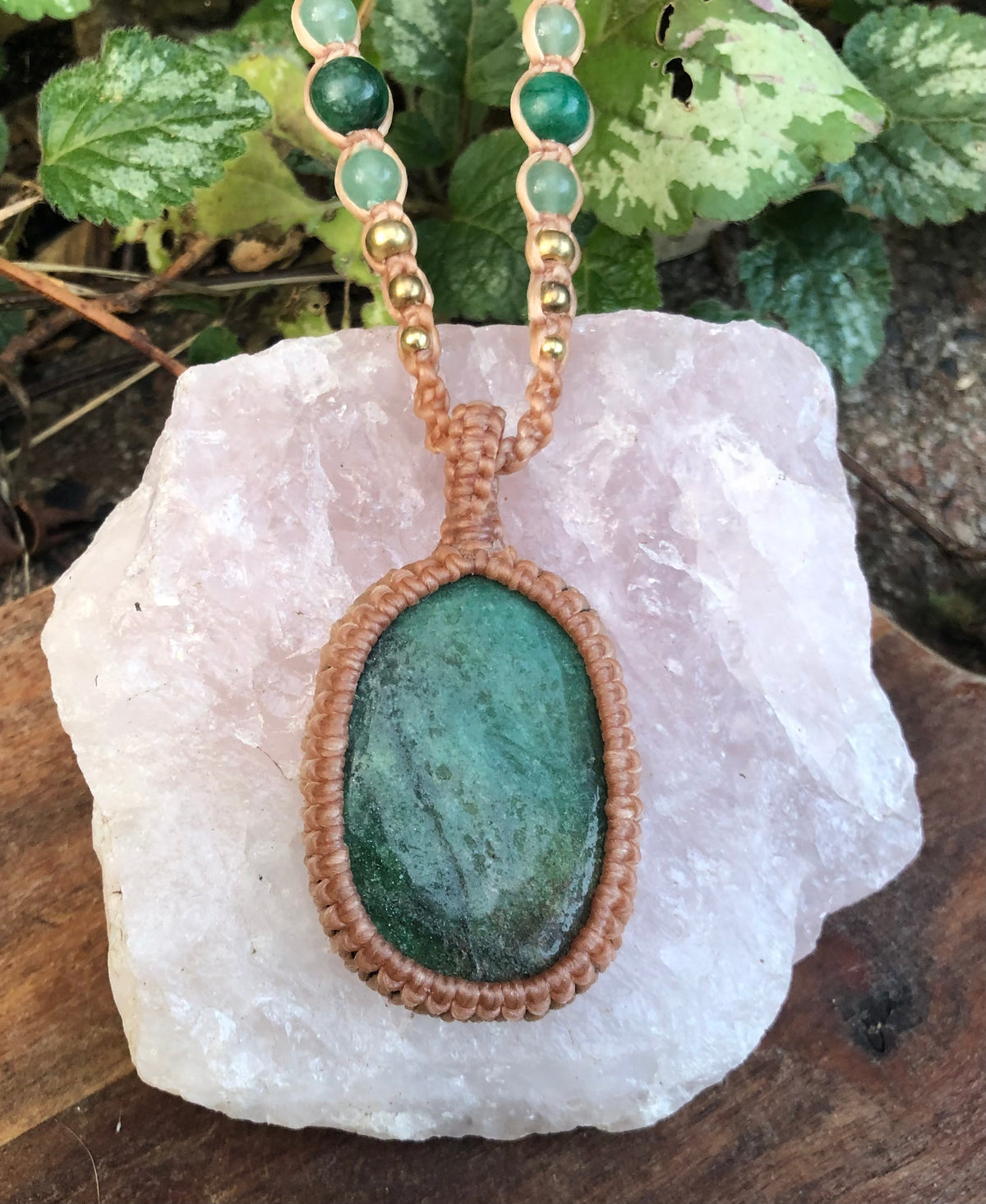 Green Fuschite Pendant Necklace: Beaded Macrame, Adjustable Boho Gift