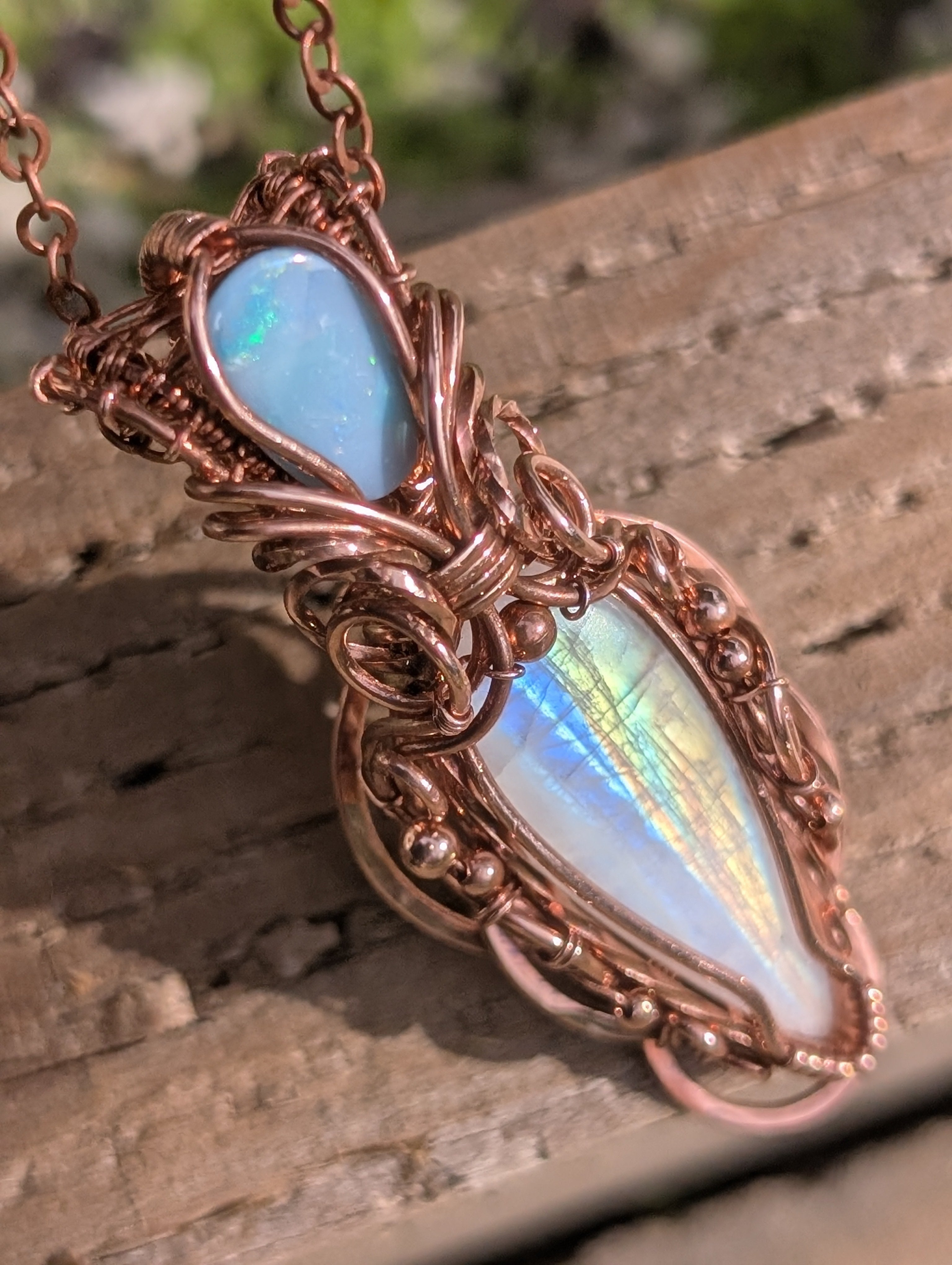 Theia - Rainbow Moonstone & Australian Boulder Opal Doublet Copper Pendant