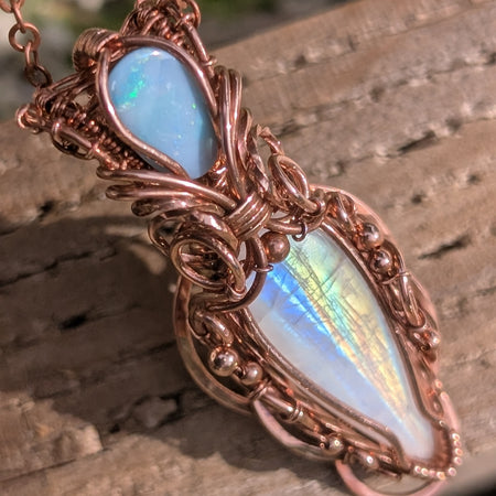 Theia - Rainbow Moonstone & Australian Boulder Opal Doublet Copper Pendant