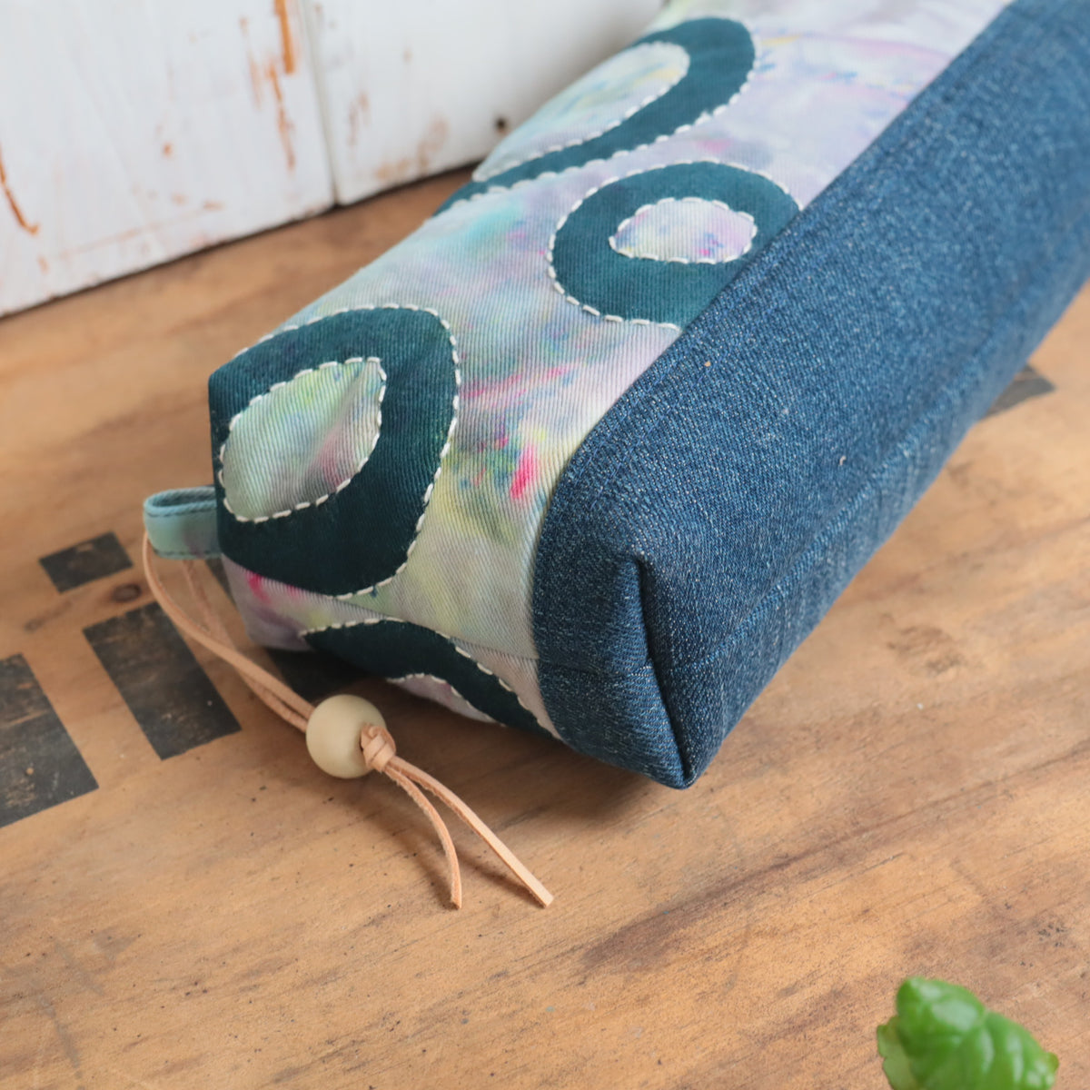 Ice Dyed and Block Printed Boxy Zipper Pouch, Pencil Case, Makeup Bag