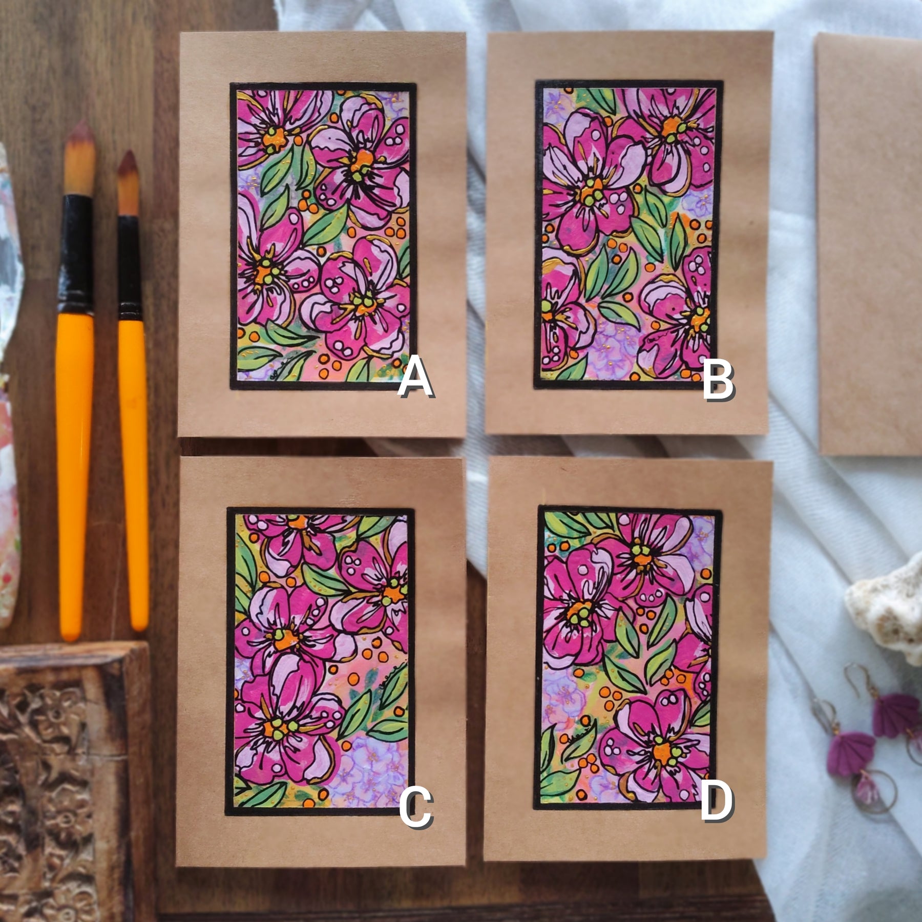 Origianl Art Greeting Cards - "Playing with Flowers" - Series #1