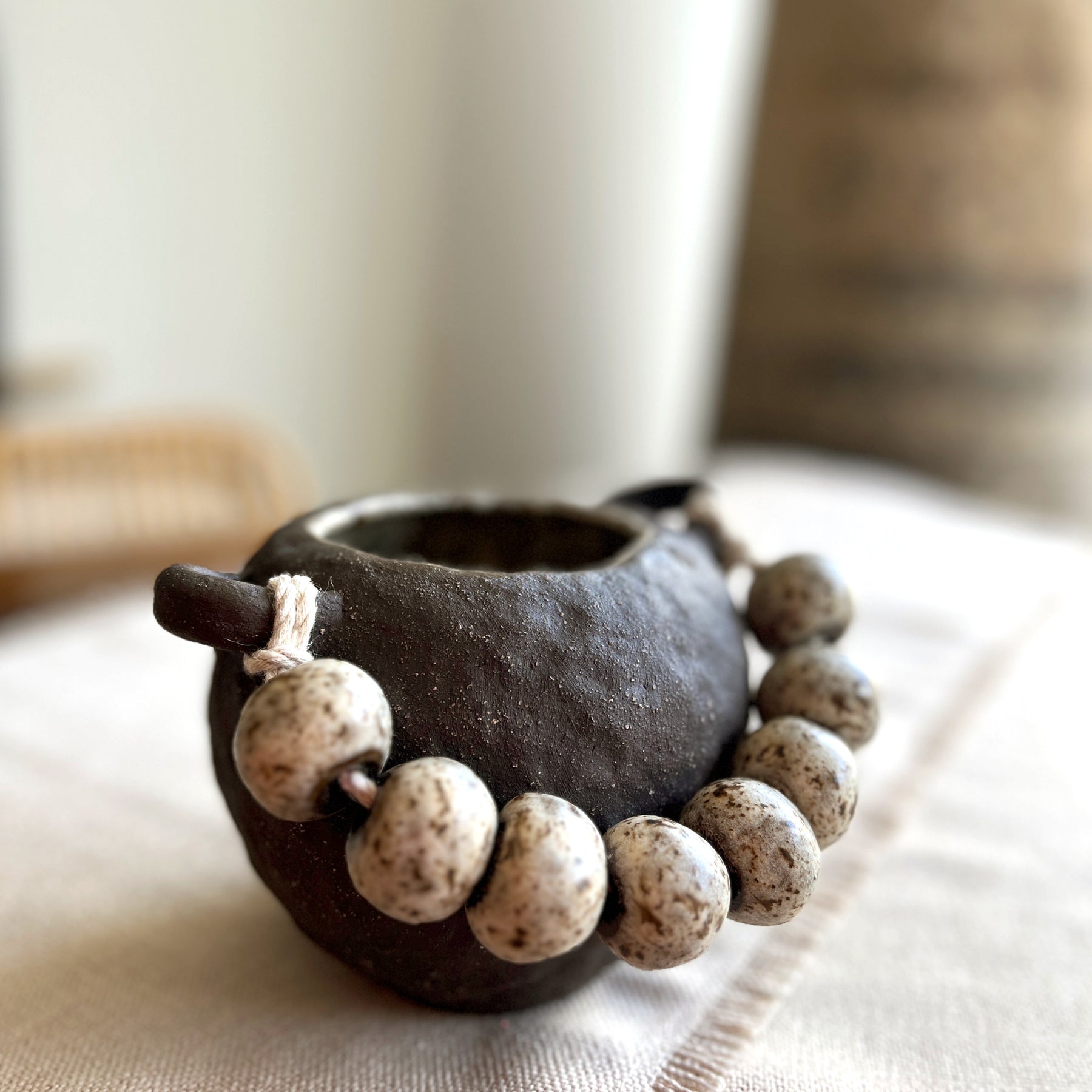 Handmade Ceramic Vase – Tribal-Inspired Stoneware with Sculptural Beads, Winter Woods Collection