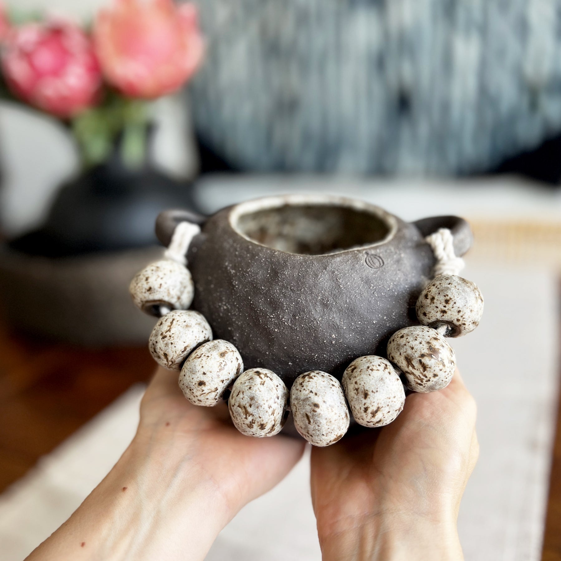 Handmade Ceramic Vase – Tribal-Inspired Stoneware with Sculptural Beads, Winter Woods Collection