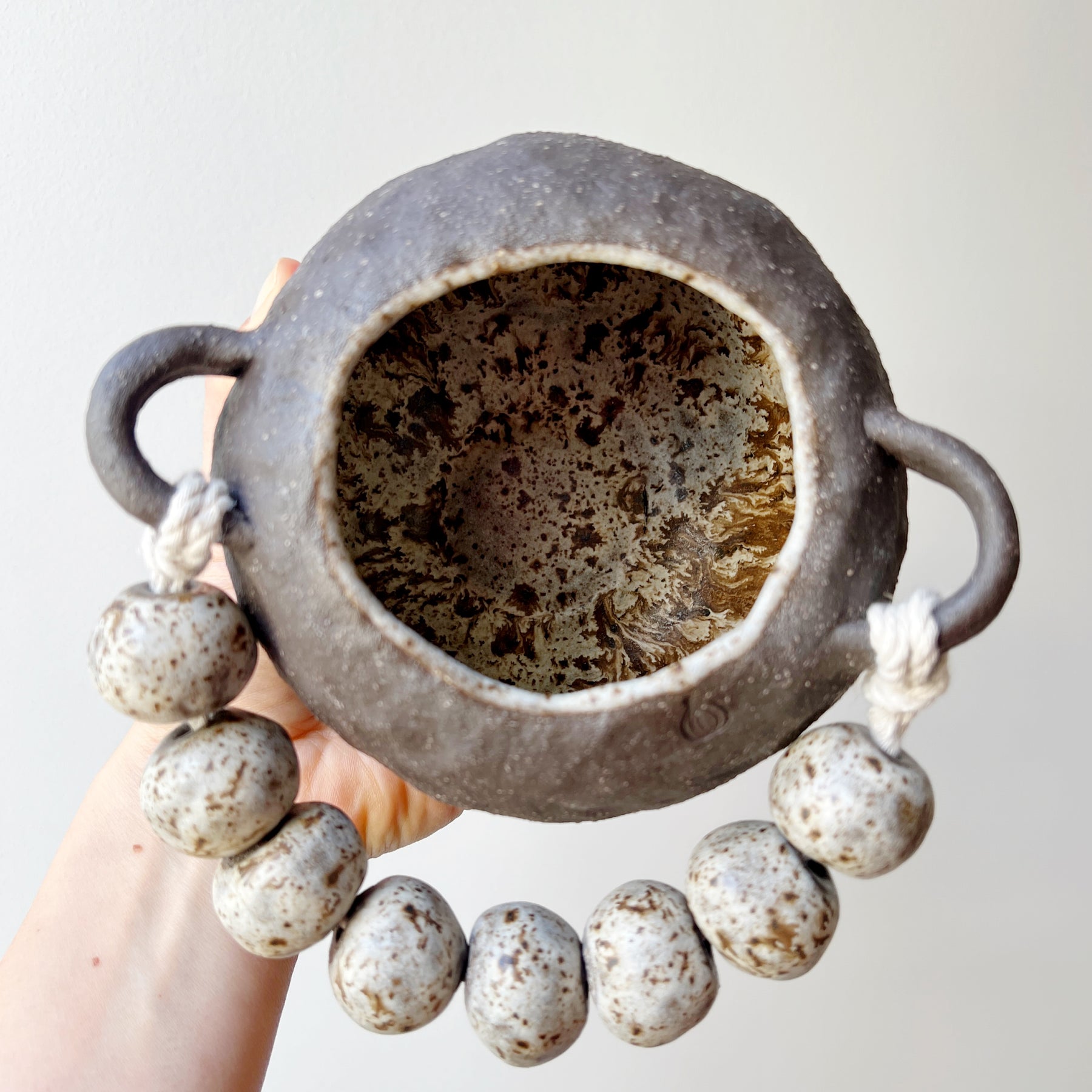 Handmade Ceramic Vase – Tribal-Inspired Stoneware with Sculptural Beads, Winter Woods Collection
