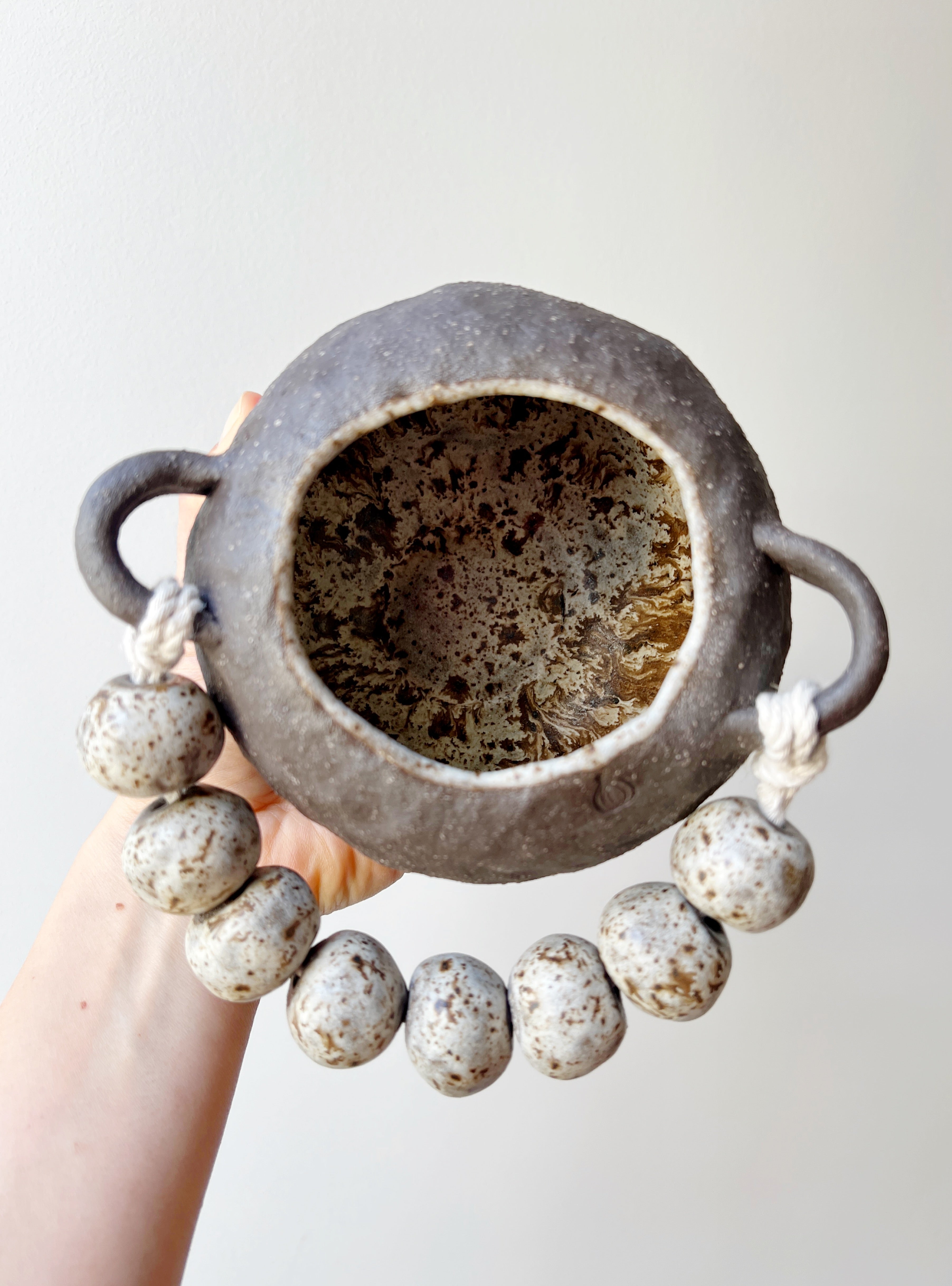 Handmade Ceramic Vase – Tribal-Inspired Stoneware with Sculptural Beads, Winter Woods Collection