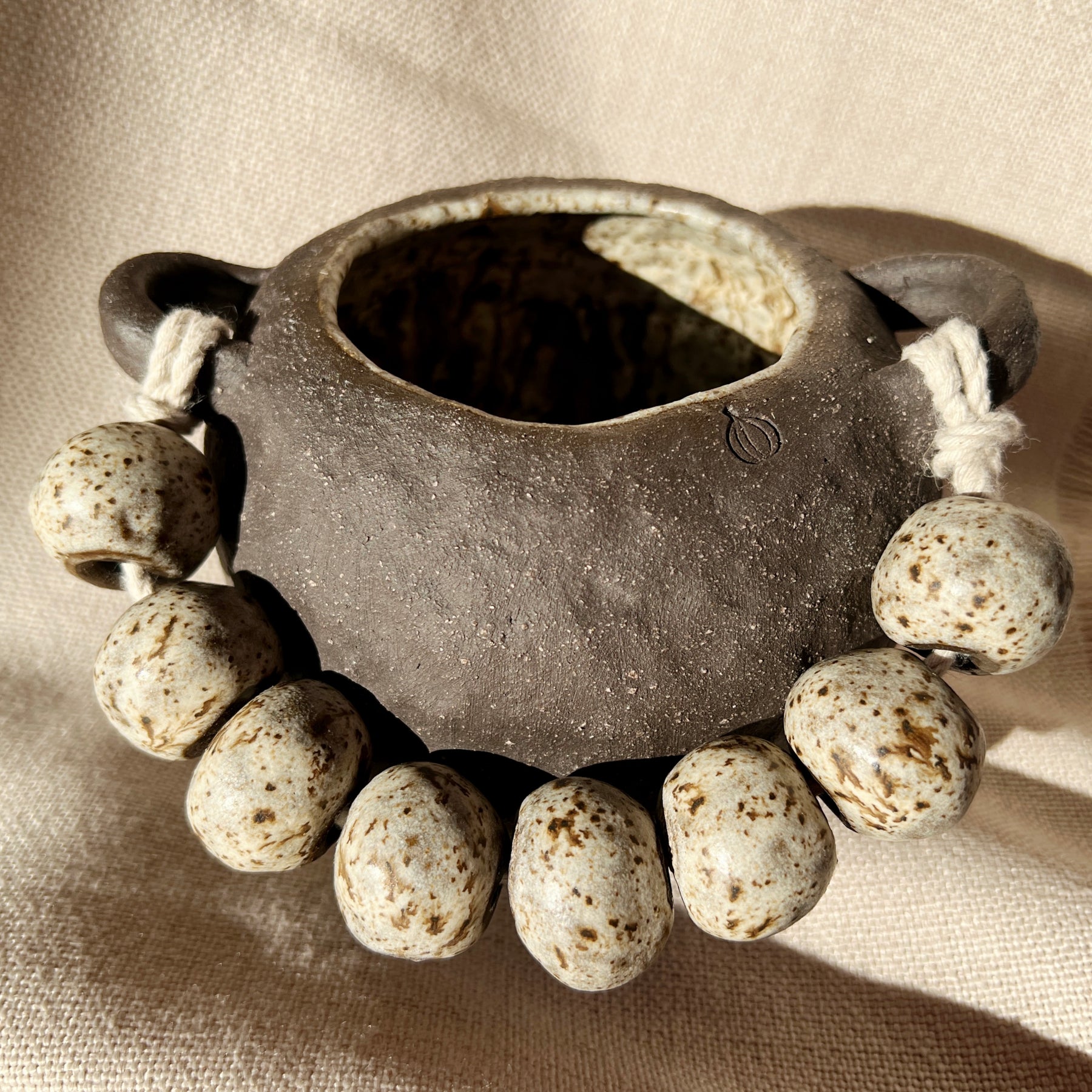 Handmade Ceramic Vase – Tribal-Inspired Stoneware with Sculptural Beads, Winter Woods Collection