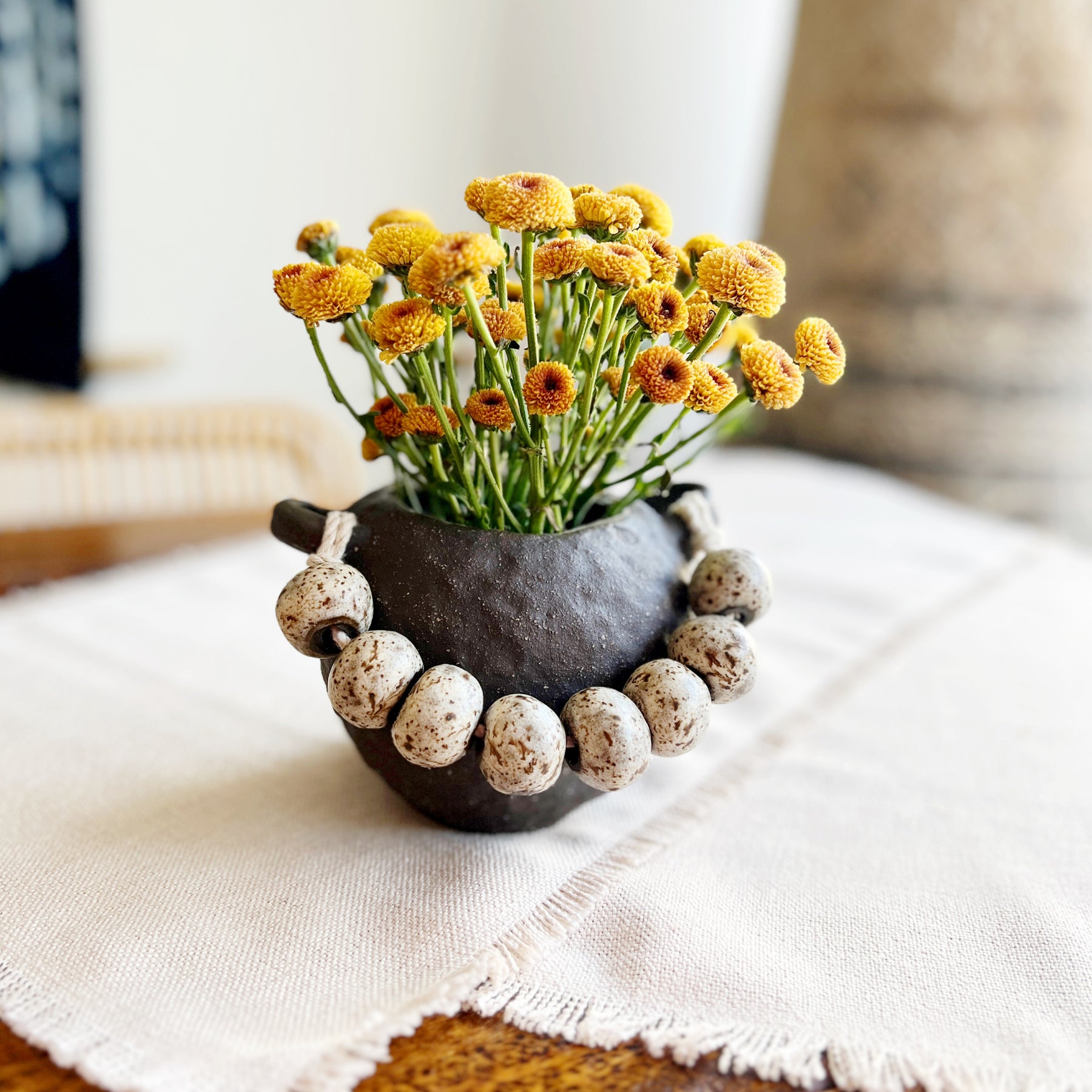 Handmade Ceramic Vase – Tribal-Inspired Stoneware with Sculptural Beads, Winter Woods Collection