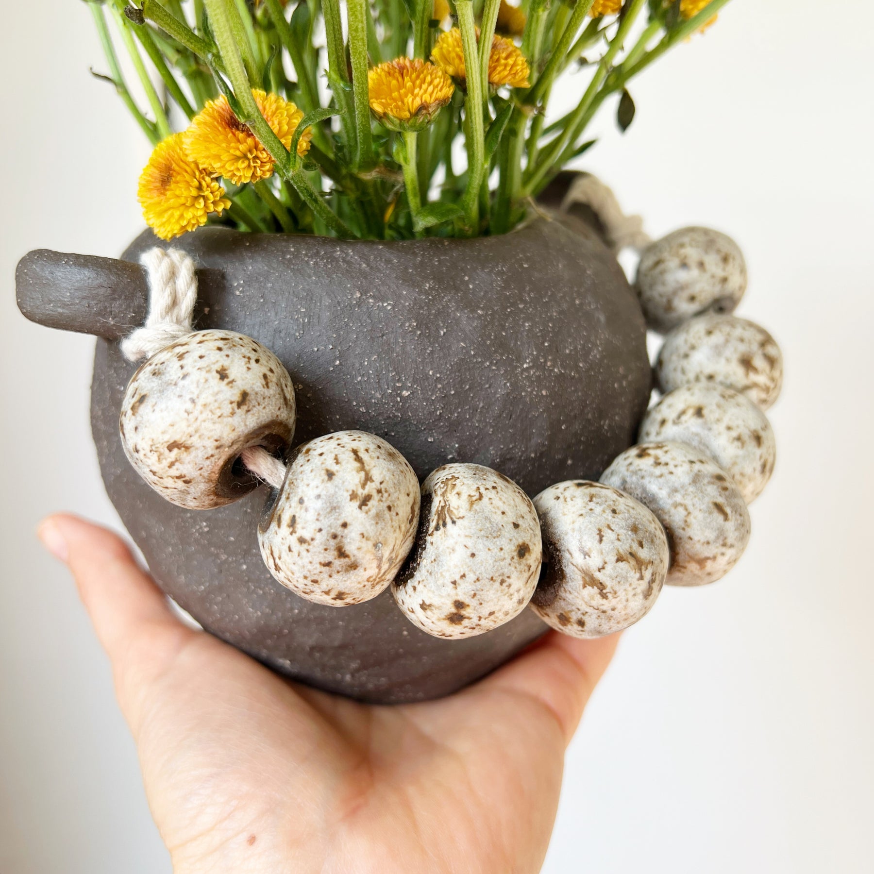 Handmade Ceramic Vase – Tribal-Inspired Stoneware with Sculptural Beads, Winter Woods Collection