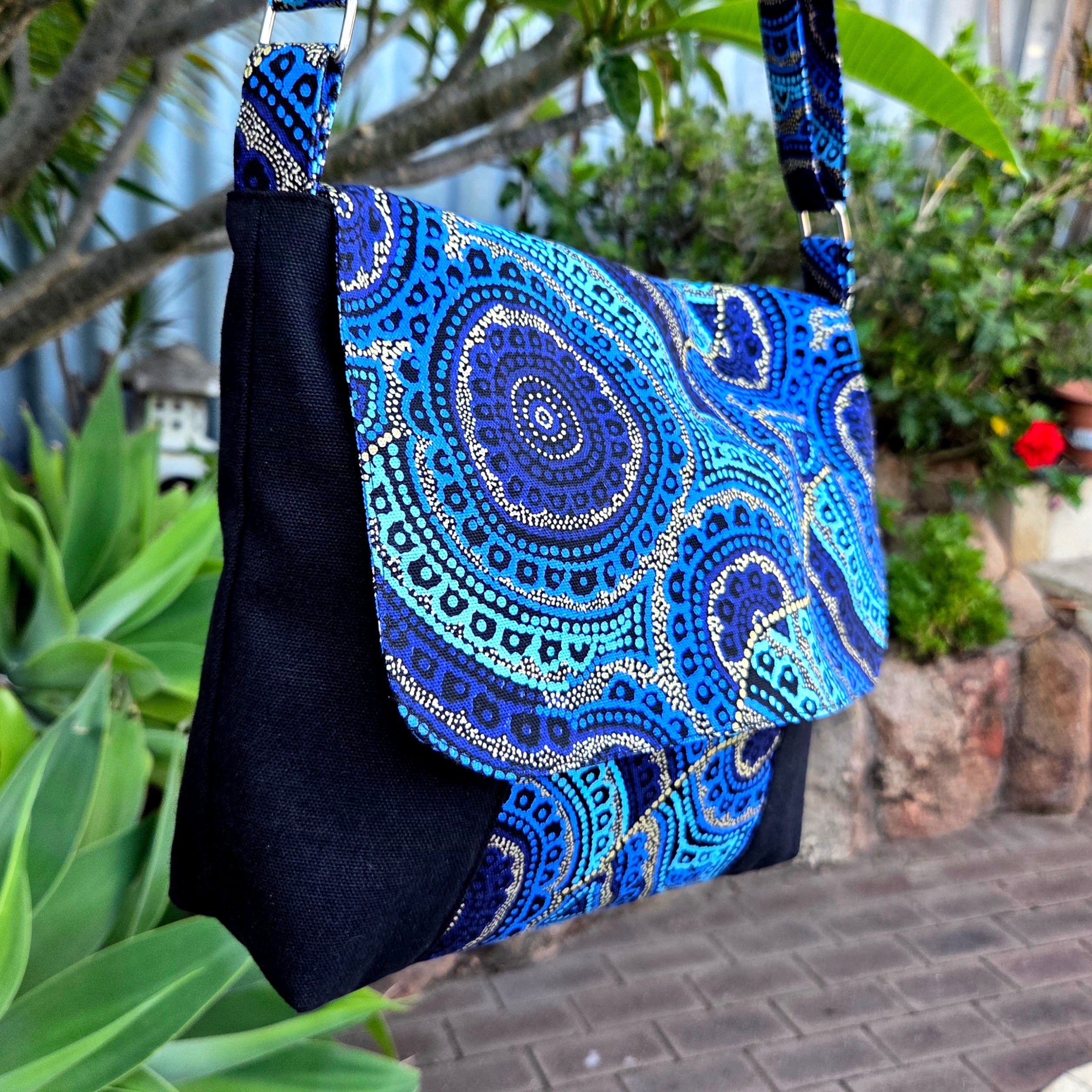 Spacious Cross Body Bag with two pockets in Blue Dot Print fabric