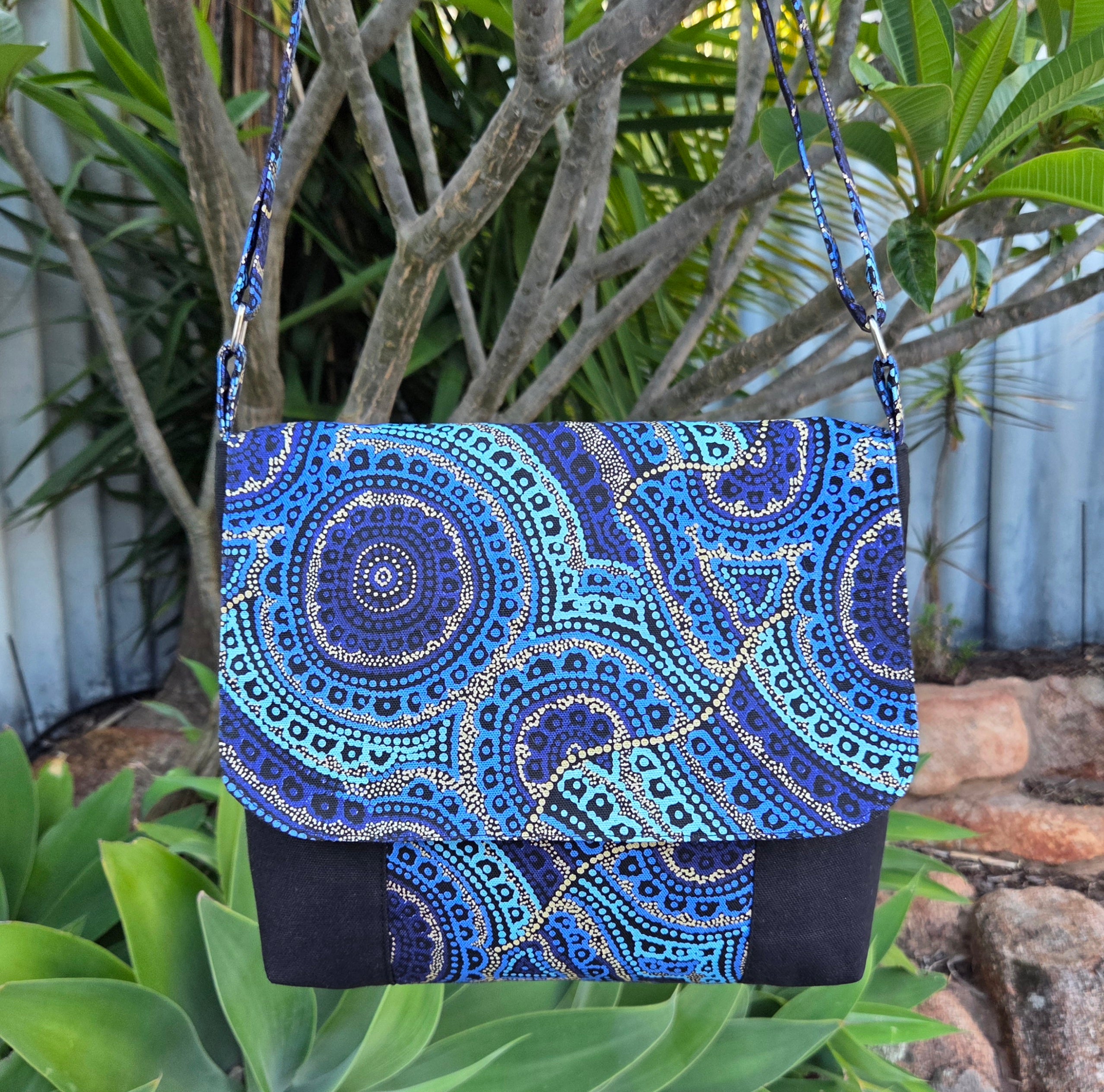 Spacious Cross Body Bag with two pockets in Blue Dot Print fabric