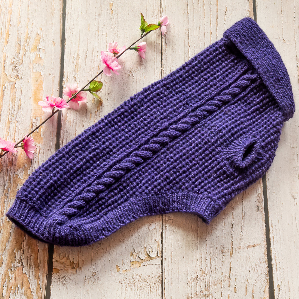 Pet Jumpers - 100% Wool - Hand Knitted - Rice Stitch and Cables - Shawl Collar