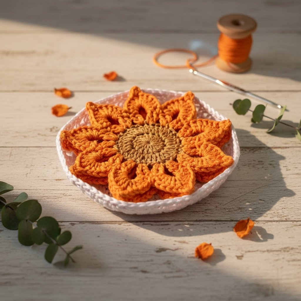 Crochet Sunflower Coasters with Holder | Handmade Flower Boho Table Decor | Reusable Cotton Coasters | Gift for her