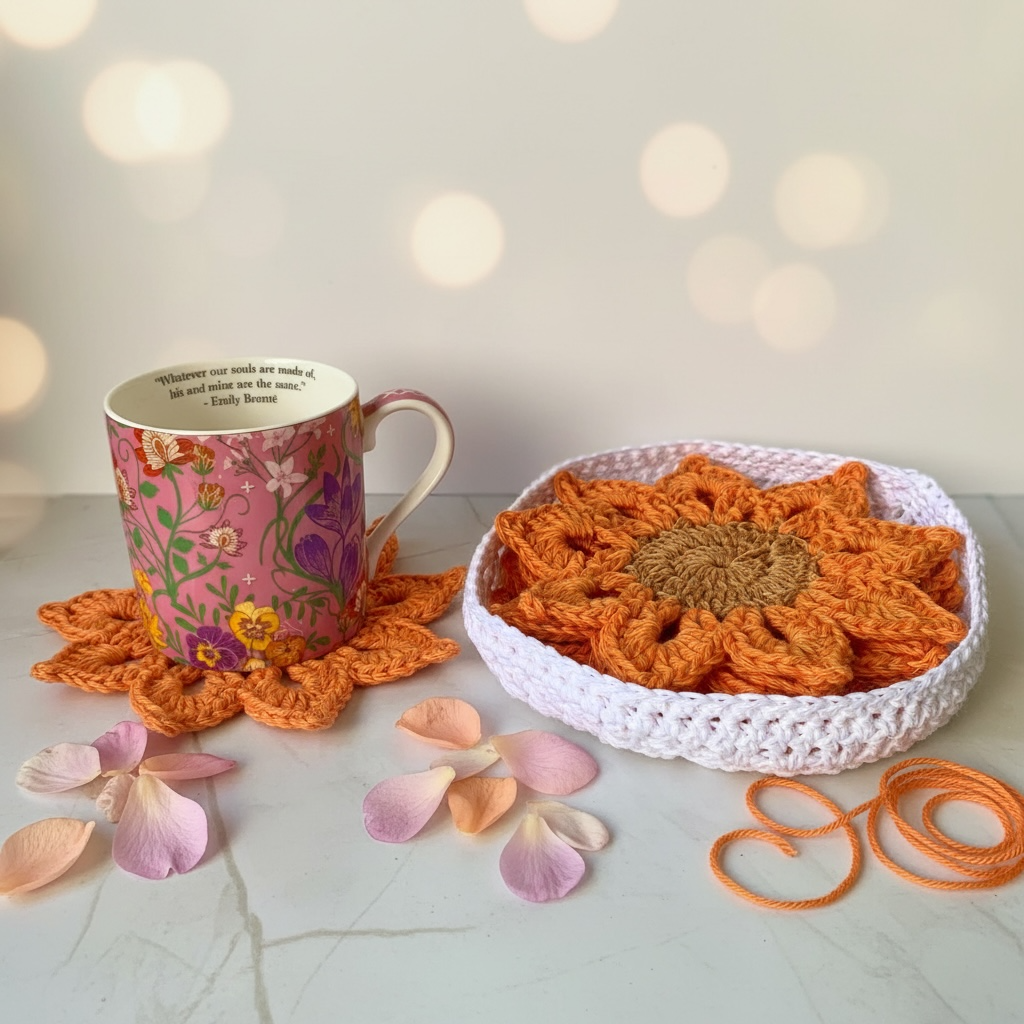 Crochet Sunflower Coasters with Holder | Handmade Flower Boho Table Decor | Reusable Cotton Coasters | Gift for her