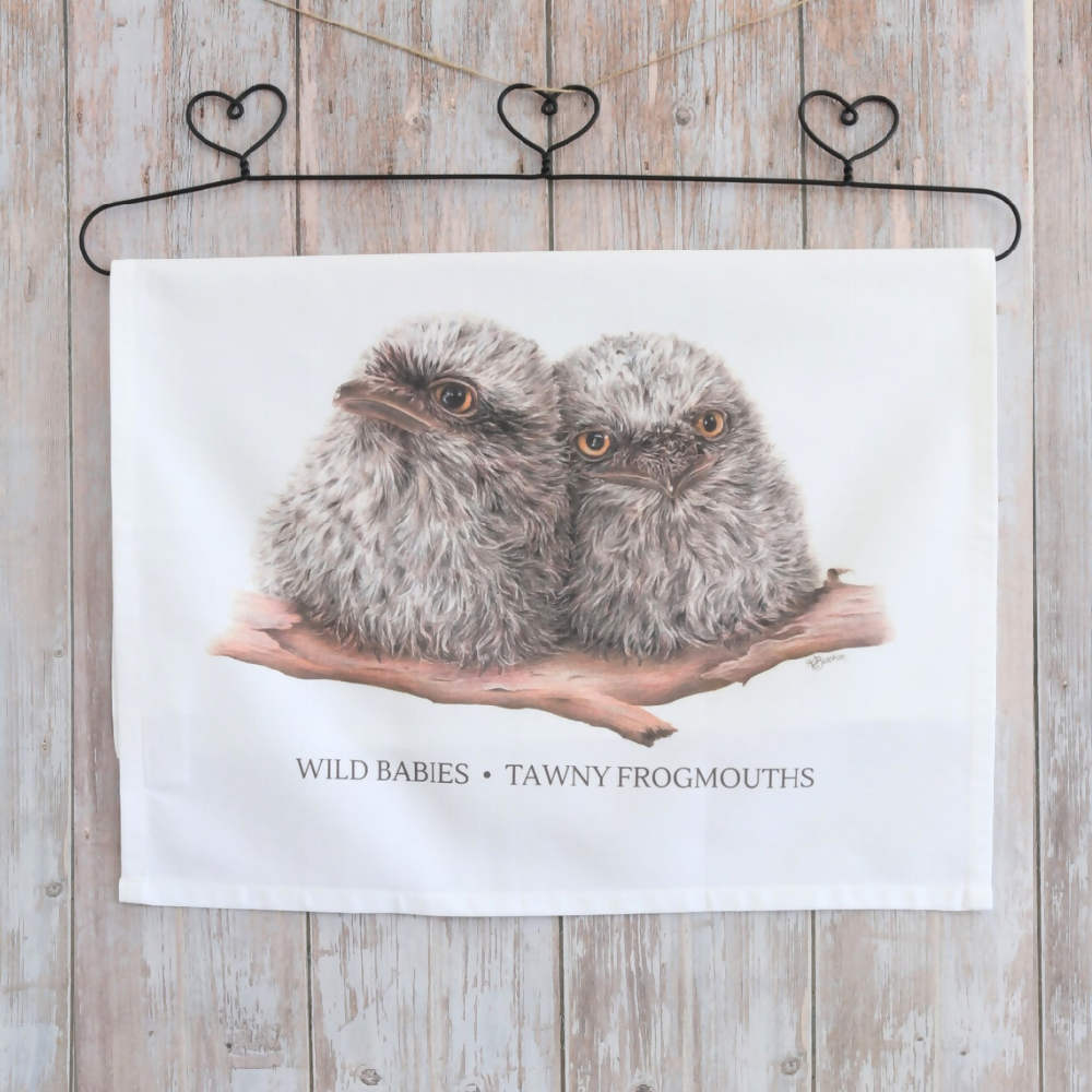 Australian-artist-illustration-tawny-frogmouth-tea-towel-front-hanging