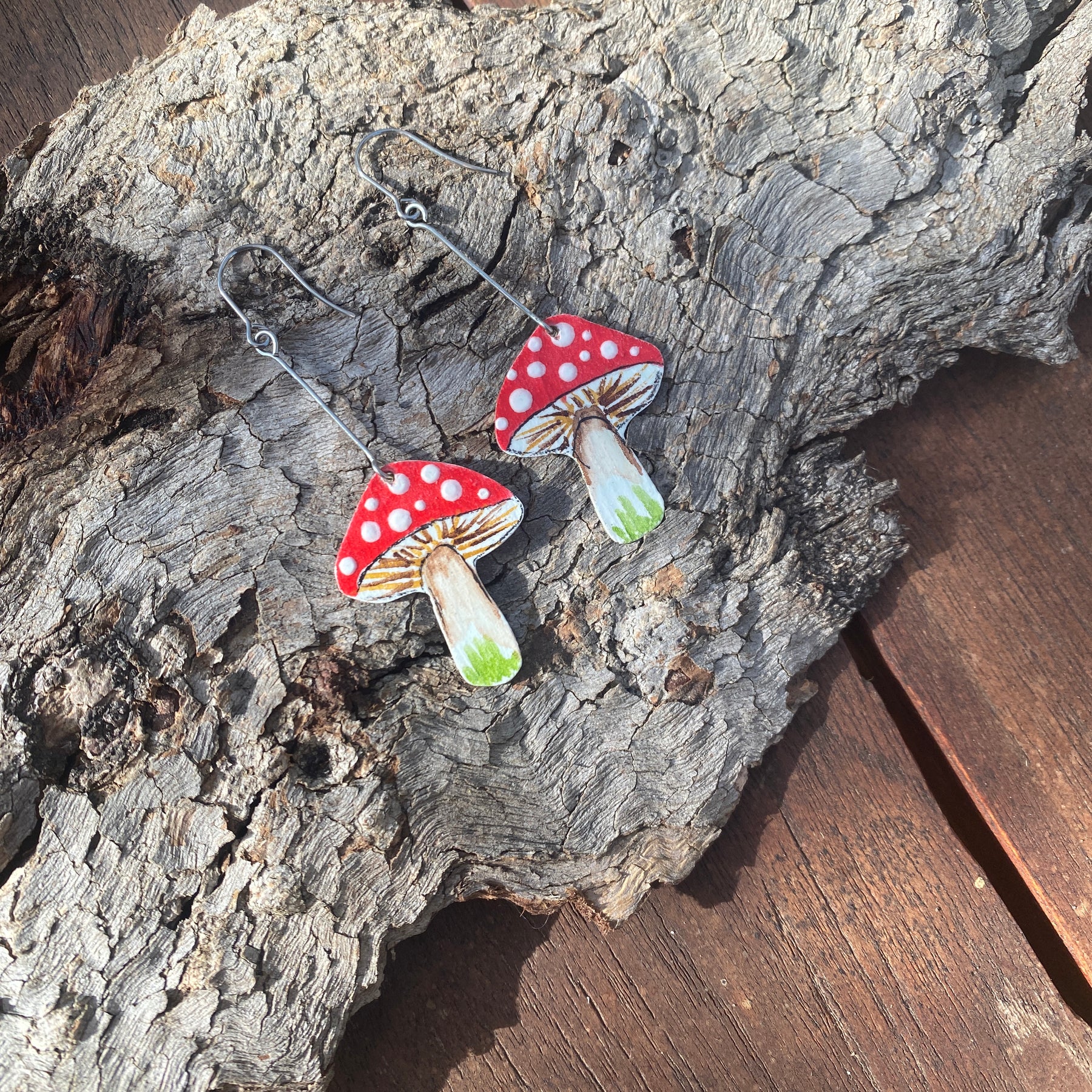 Small Toadstool Earrings – Hand-painted Brass Jewellery