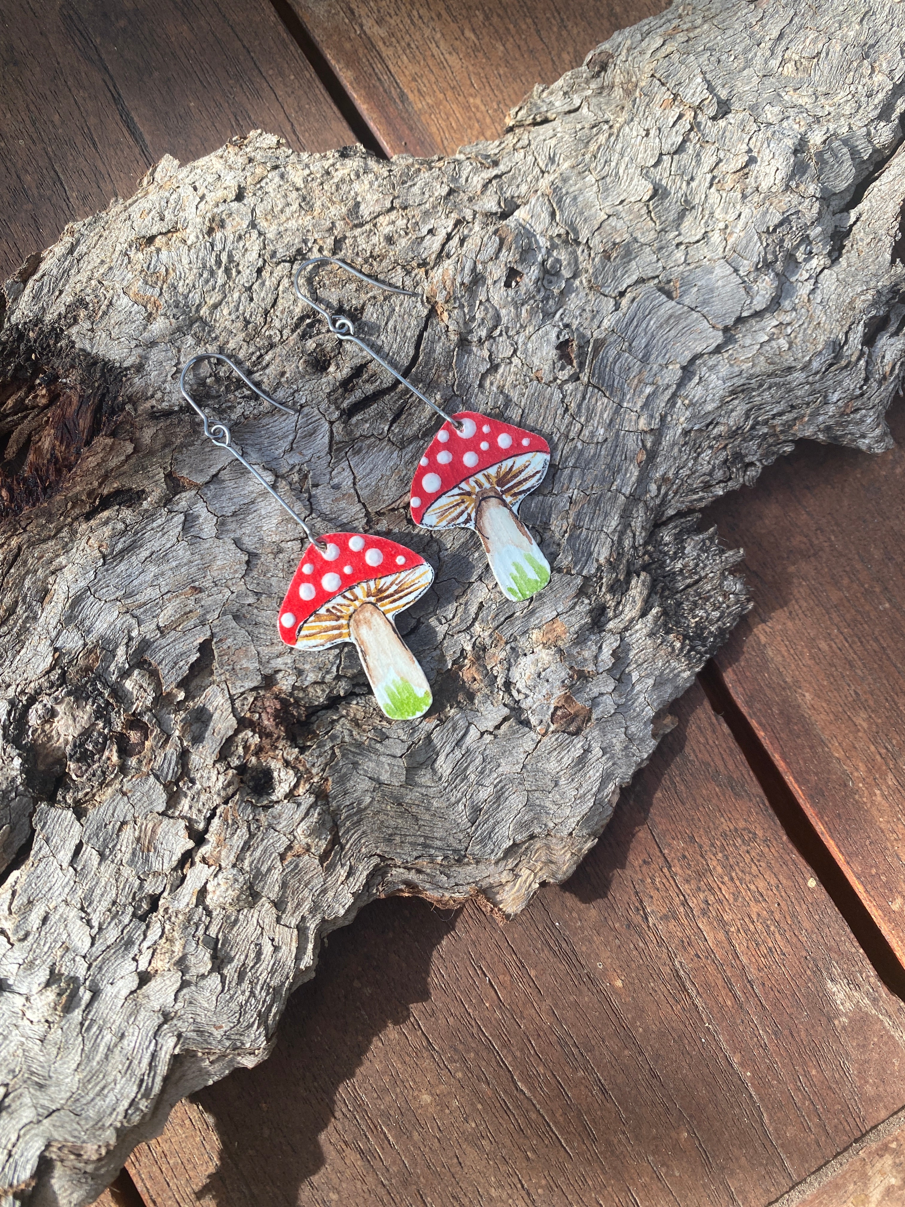Small Toadstool Earrings – Hand-painted Brass Jewellery