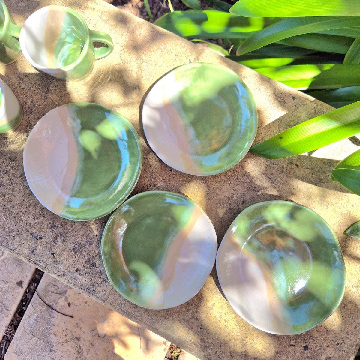 Handmade Ceramic Cup and Side Plate - Sage Green and White