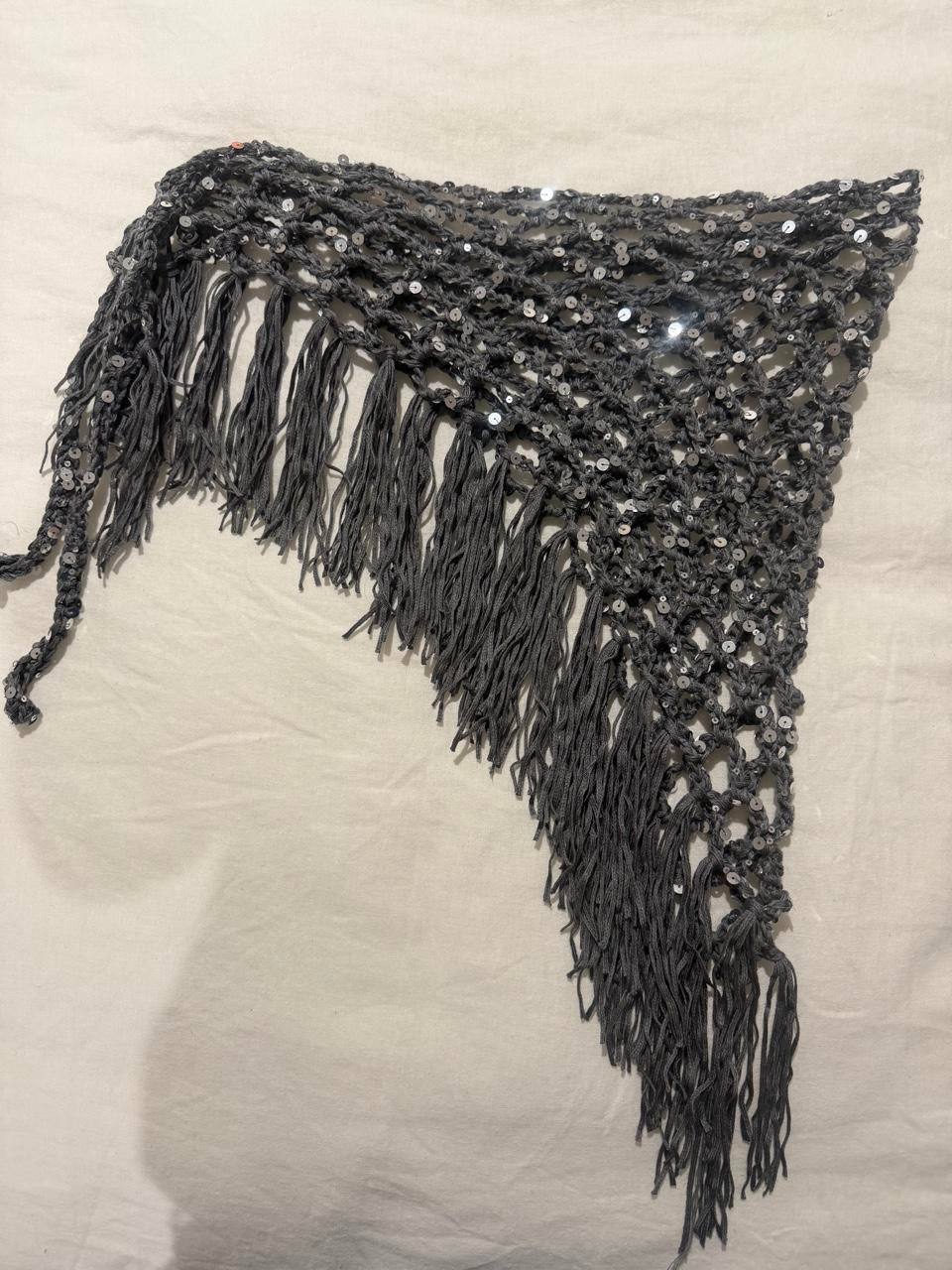 Dark Grey with Silver Sequins Fringed Waist Scarf
