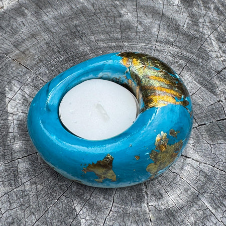 Teal and gold eco-stone pebble shaped tealight candle holder