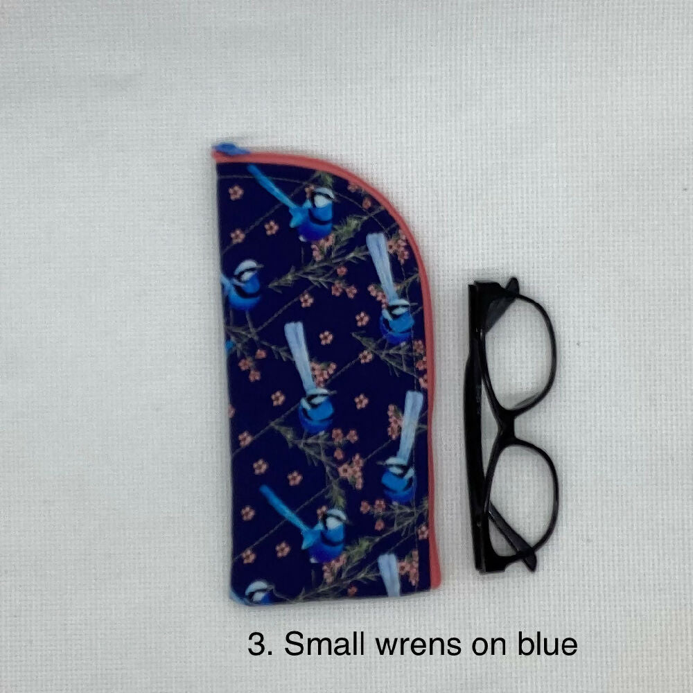 Blue wren curved top zip pouch for glasses, phones, handbag organiser etc.