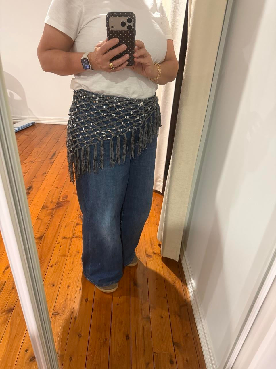 Dark Grey with Silver Sequins Fringed Waist Scarf
