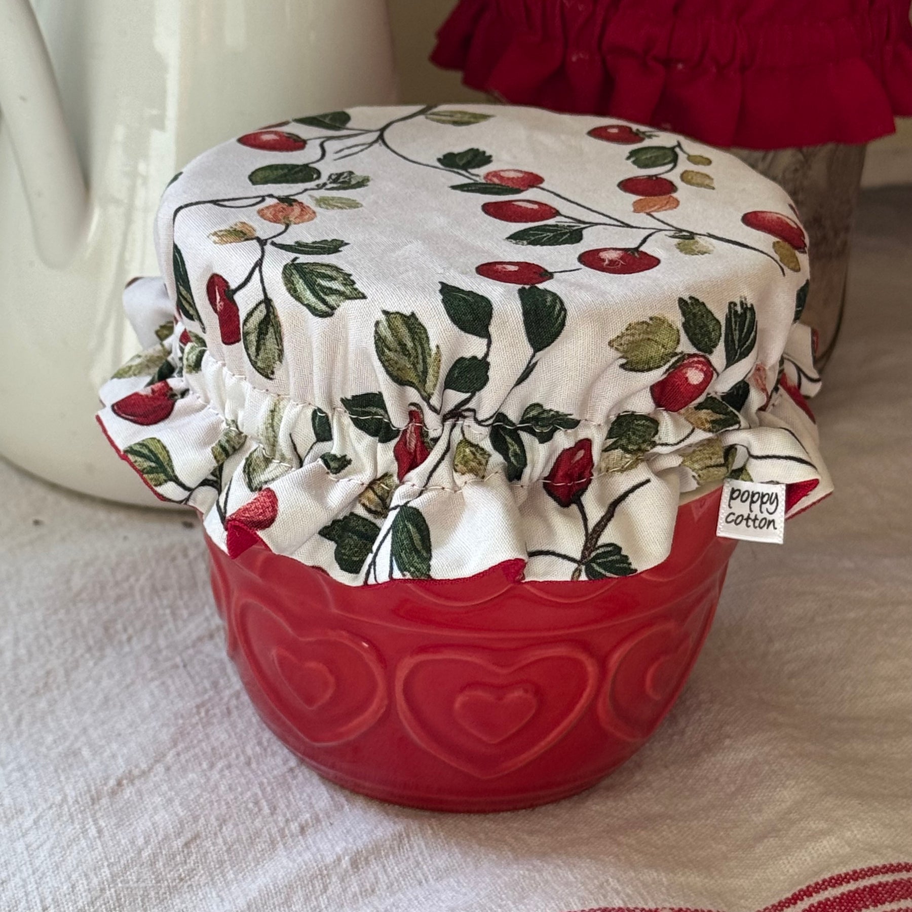 Cherry Print Reversible Cotton Bowl & Jar Covers