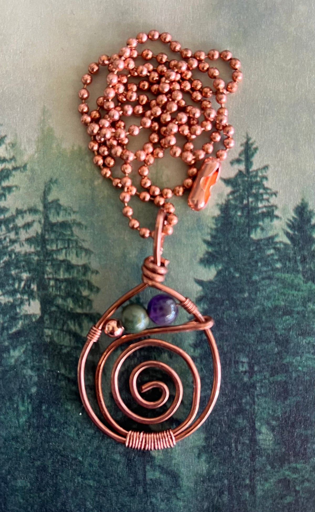 Spiral Copper Gemstone Pendant with Copper bead chain