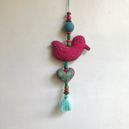 Wall hanging Boho felt bird decoration 33cm - Pink - Green - Teal