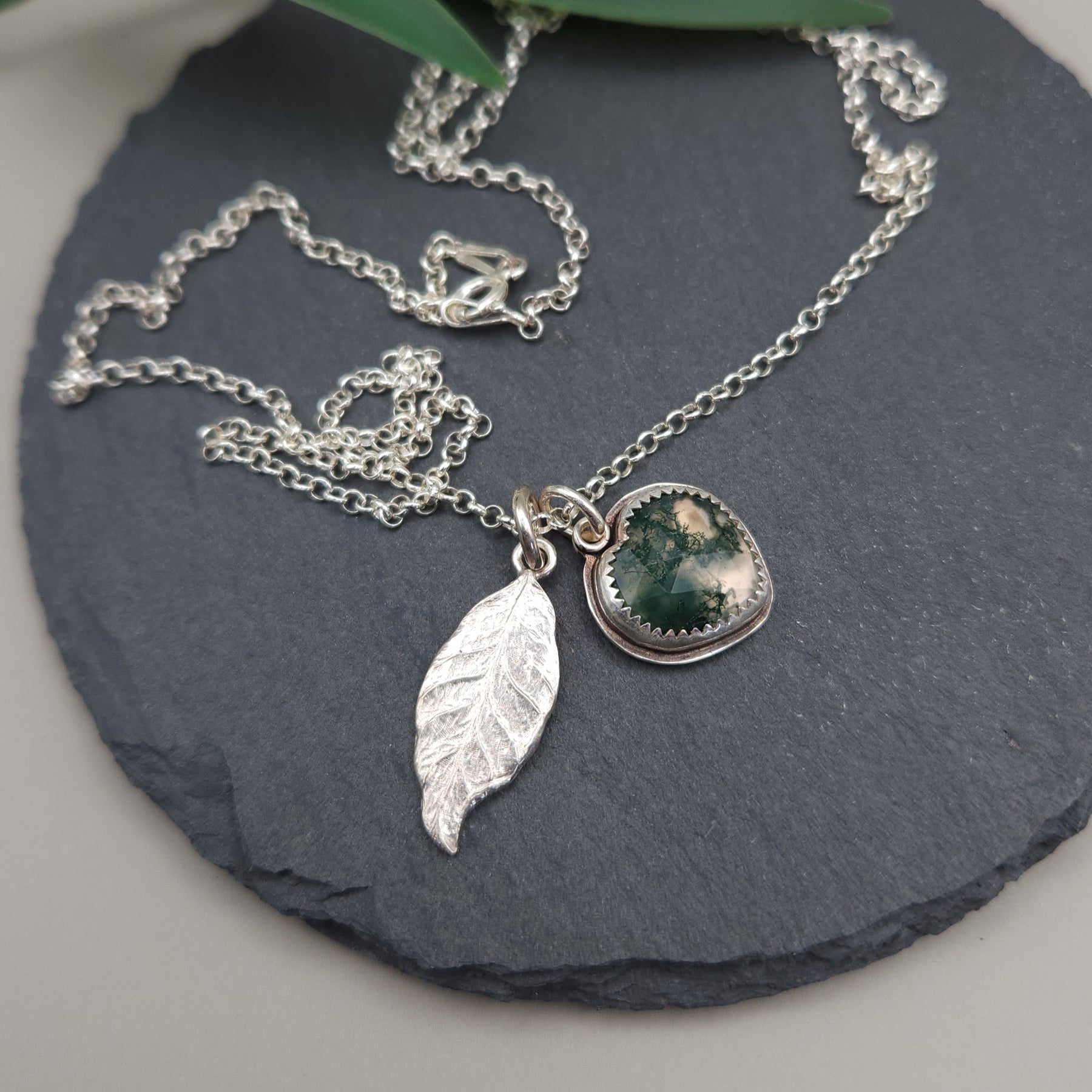 Twin pendants - silver leaf & moss agate heart