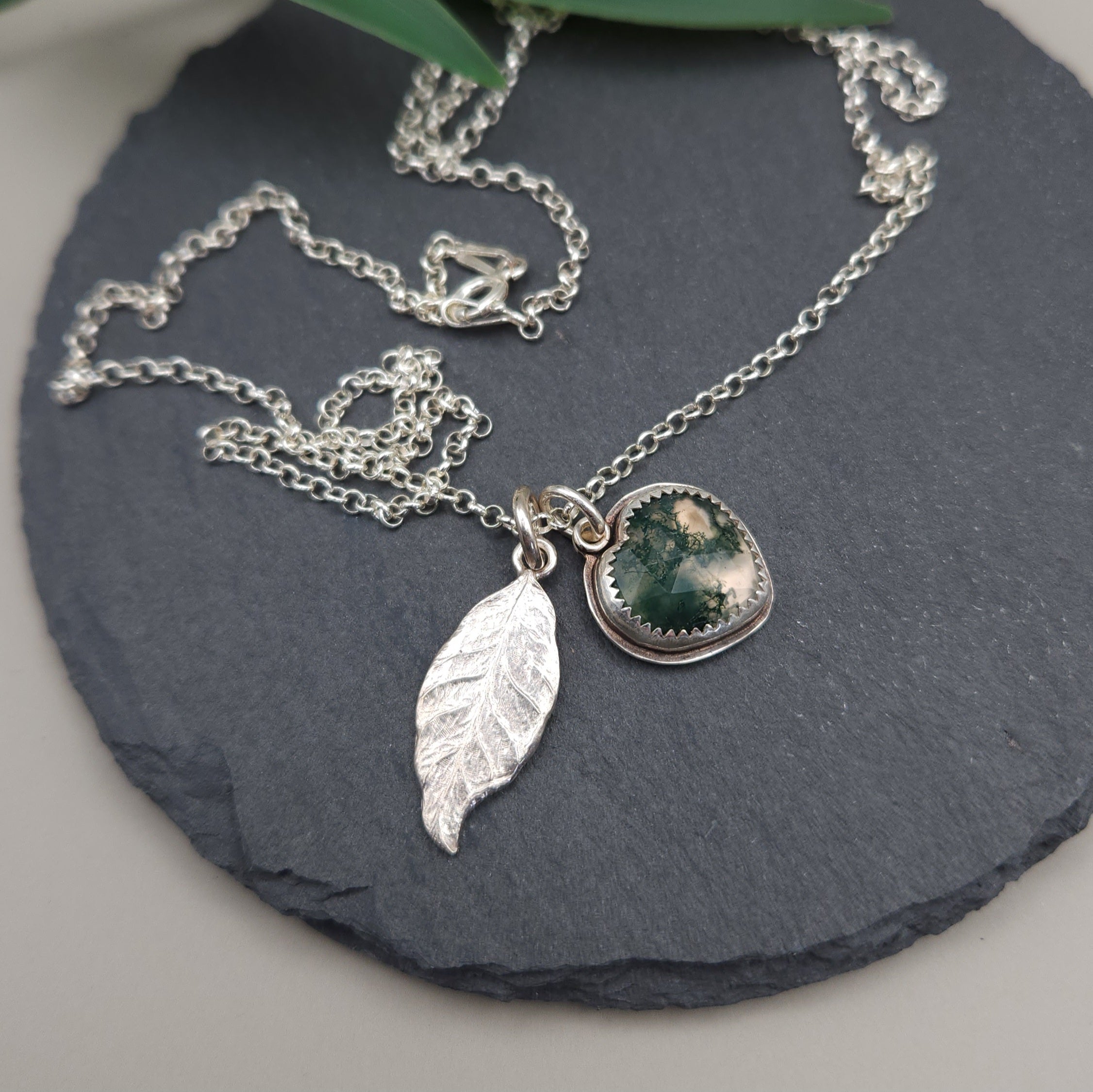 Twin pendants - silver leaf & moss agate heart