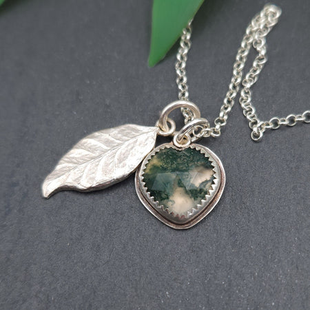 Twin pendants - silver leaf & moss agate heart