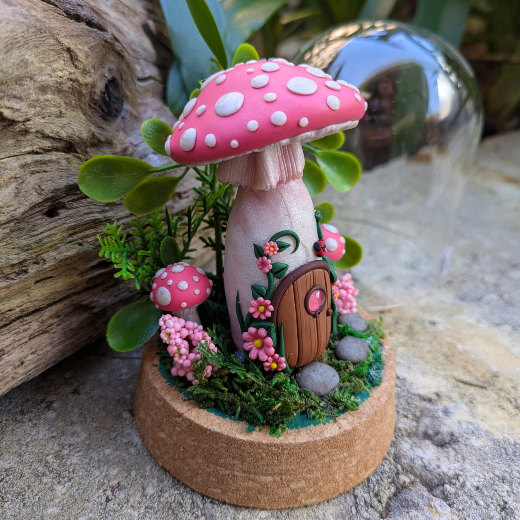 Pink Fairy Mushroom Houses in glass domes