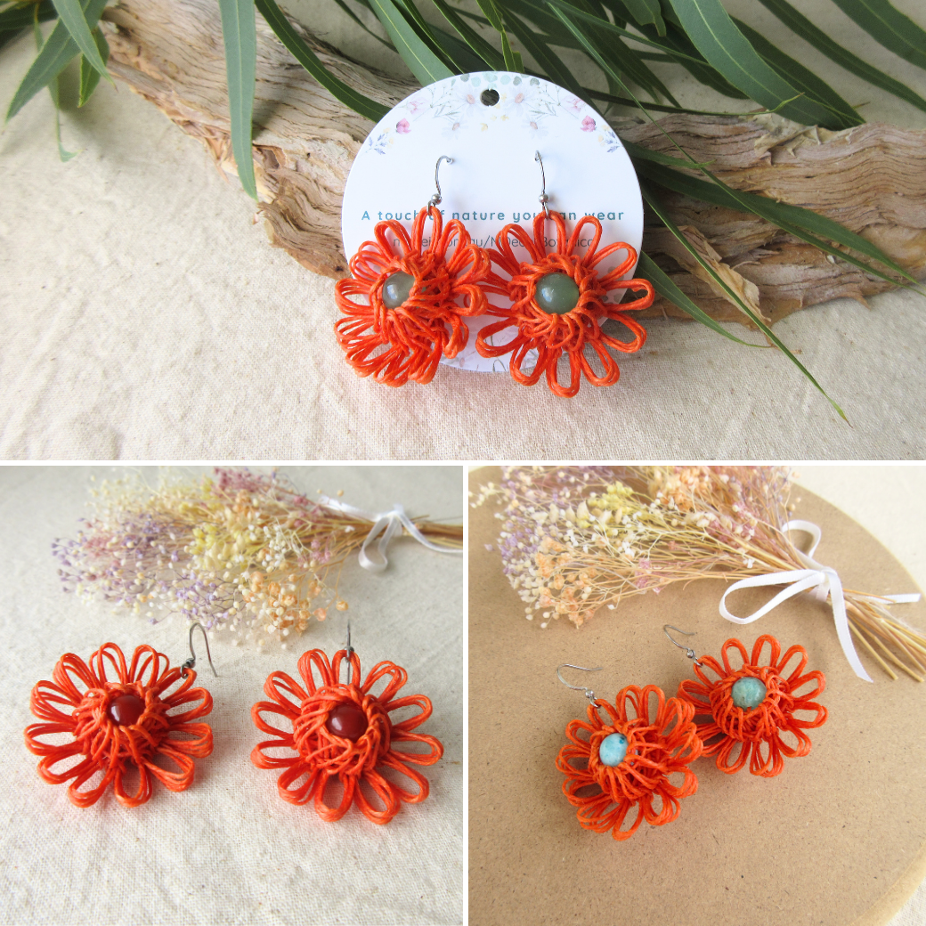 Orange Handmade Flower Earrings - Choose Your Gemstone (Green Aventurine, Carnelian Agate, Hemimorphite)