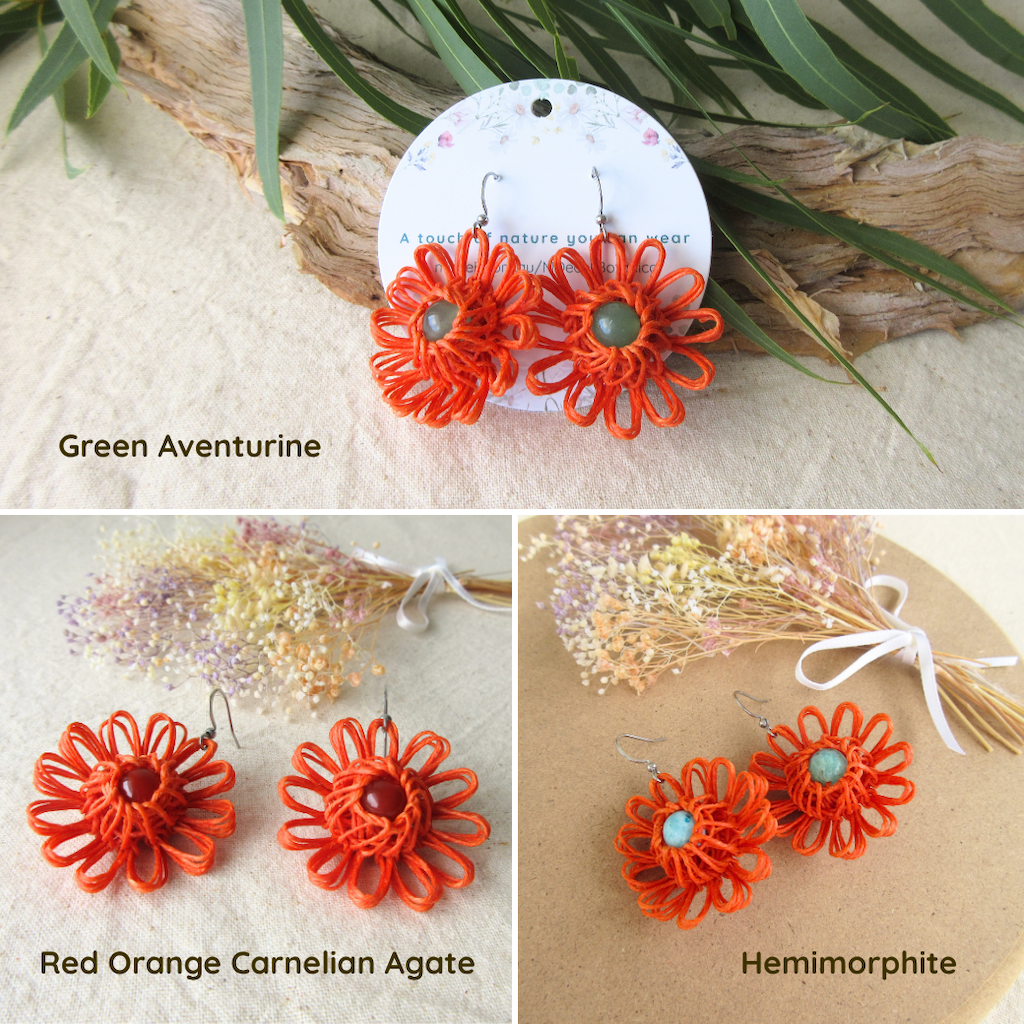 Sunset Bloom | Orange Handmade Flower Earrings with Choice of Gemstone | Woven Bloom Tales Collection