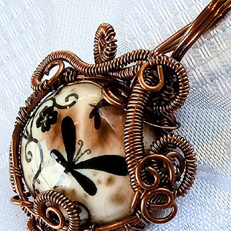 Ceramic Butterfly Pendant Wirewrapped in Antique Copper