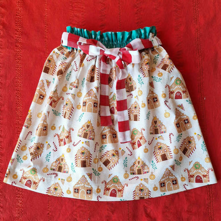 Girls' Glitter Christmas Skirt – Gingerbread House Print | Size 4, 6, 8