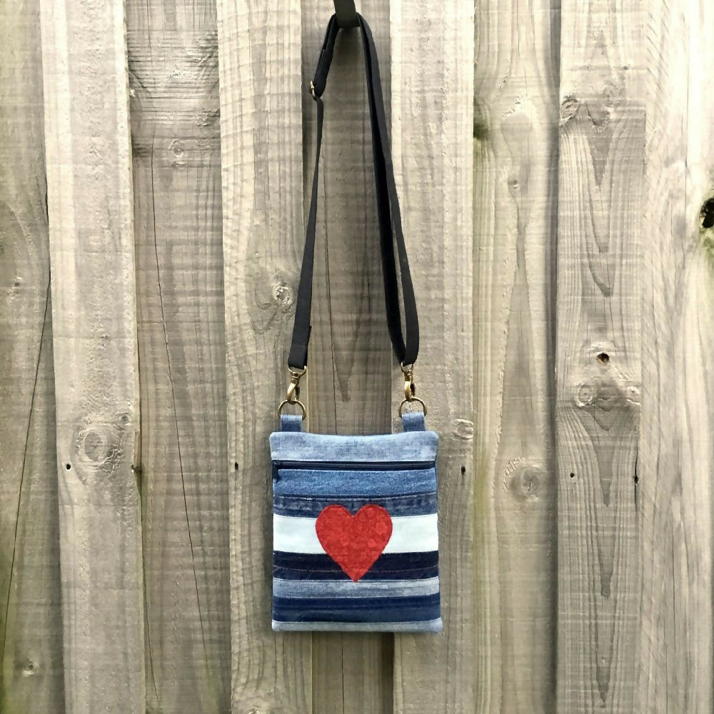 Upcycled Denim Cross Body Bag - Red Heart