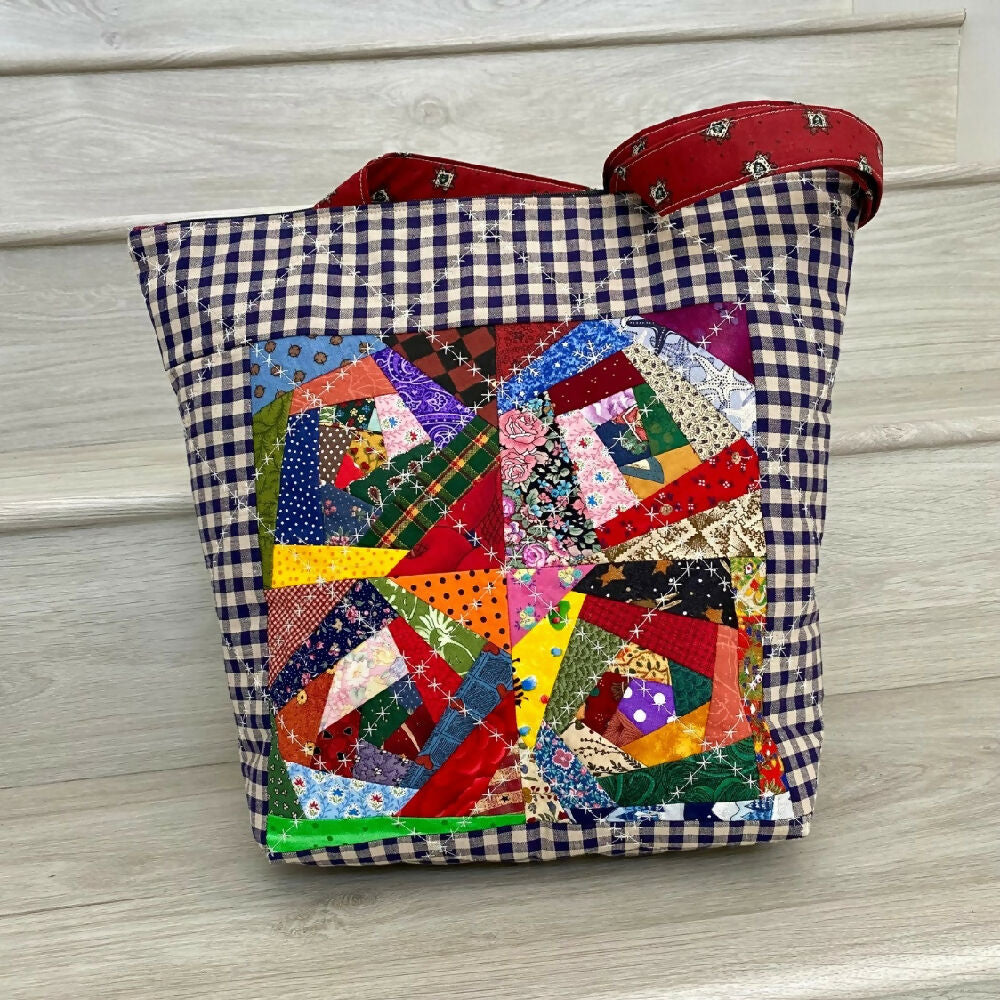 Quilted crazy patchwork tote with check border