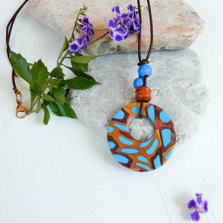 Turquoise Blue and Bronze Polymer Clay Pendant 