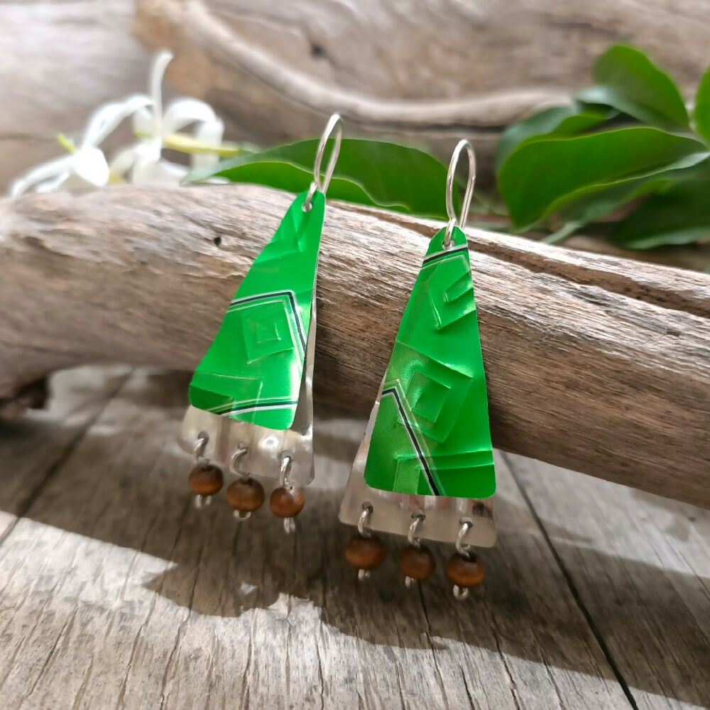 christmas tree earrings handmade upcycled green..