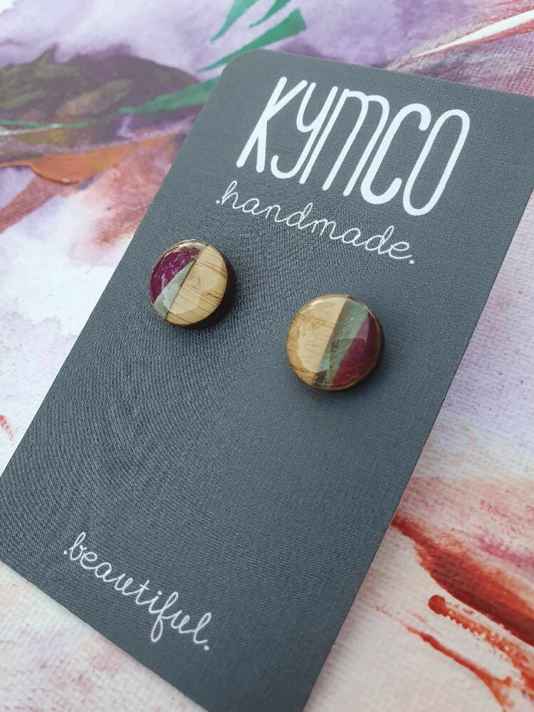 Aurora Collection| Round resin stud earrings | Plum and sage