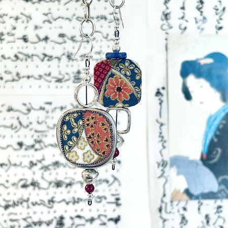 Asymmetrical Japanese textile earrings - 3cm x 7.5cm