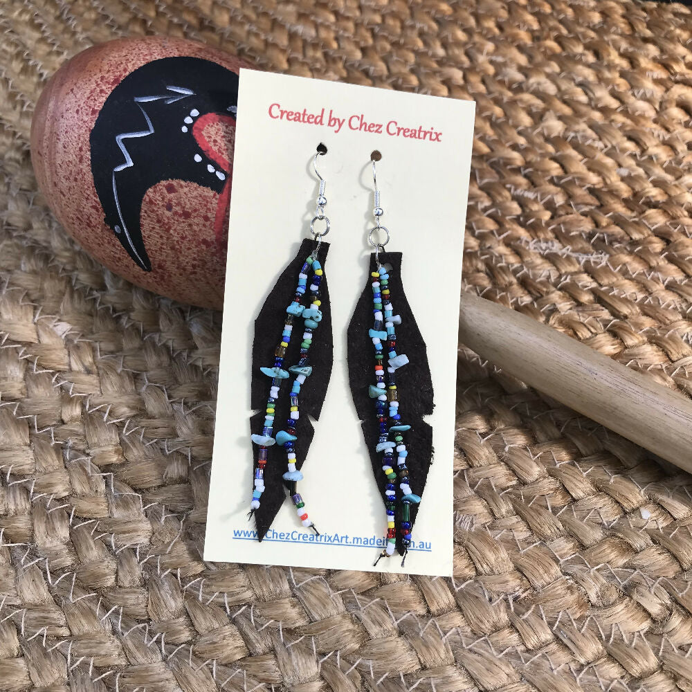Dark Brown Leather Feather Earrings with 2 x Bead Strands
